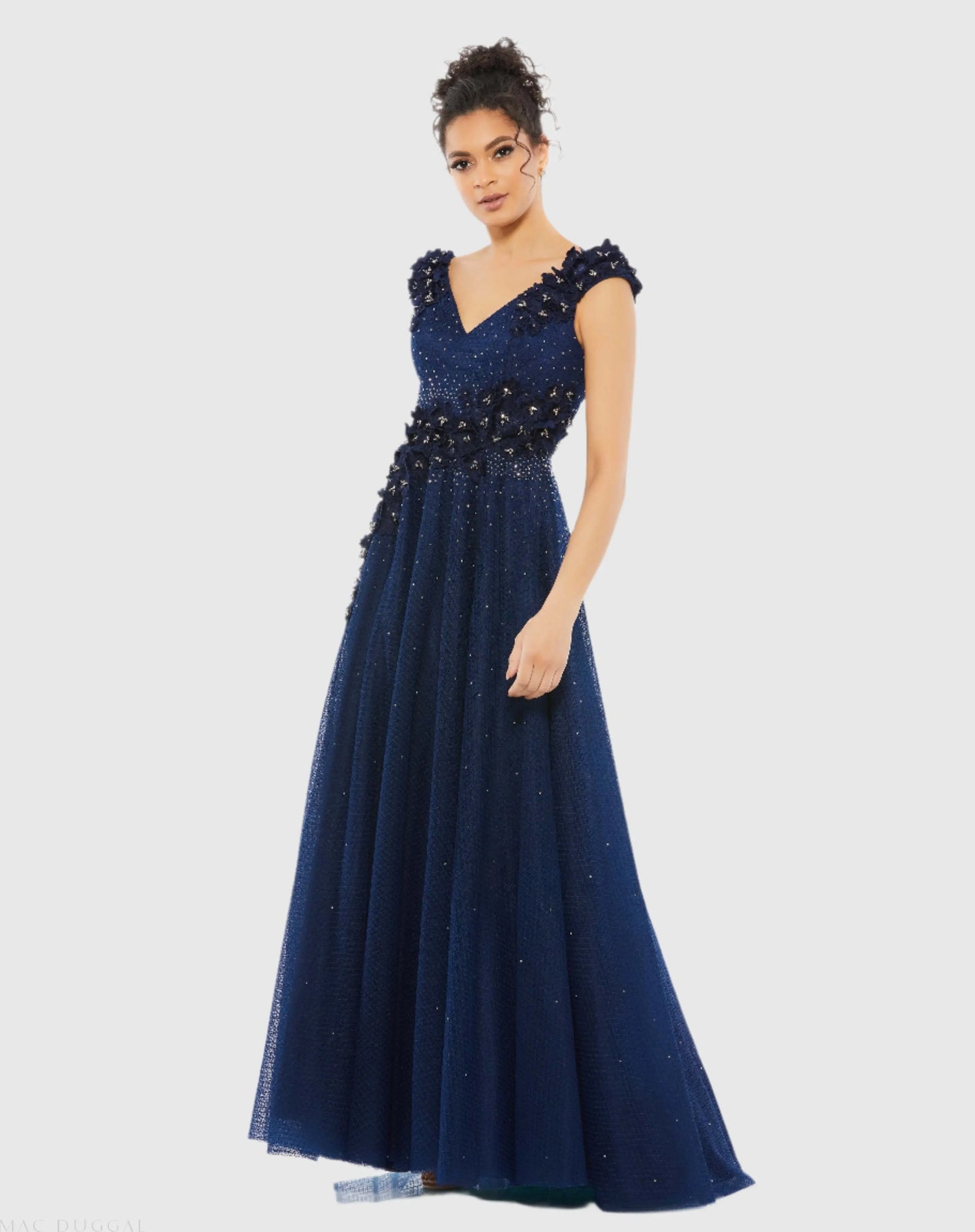Navy Floral Applique A-Line Evening Gown - Mac Duggal