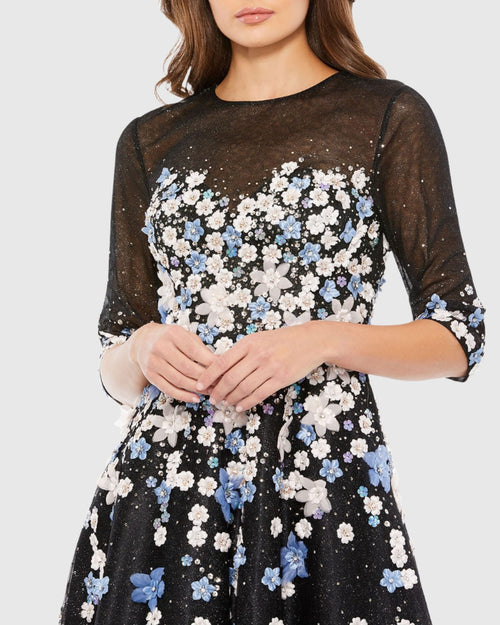 Floral Embroidered A-Line Tea-Length Cocktail Dress