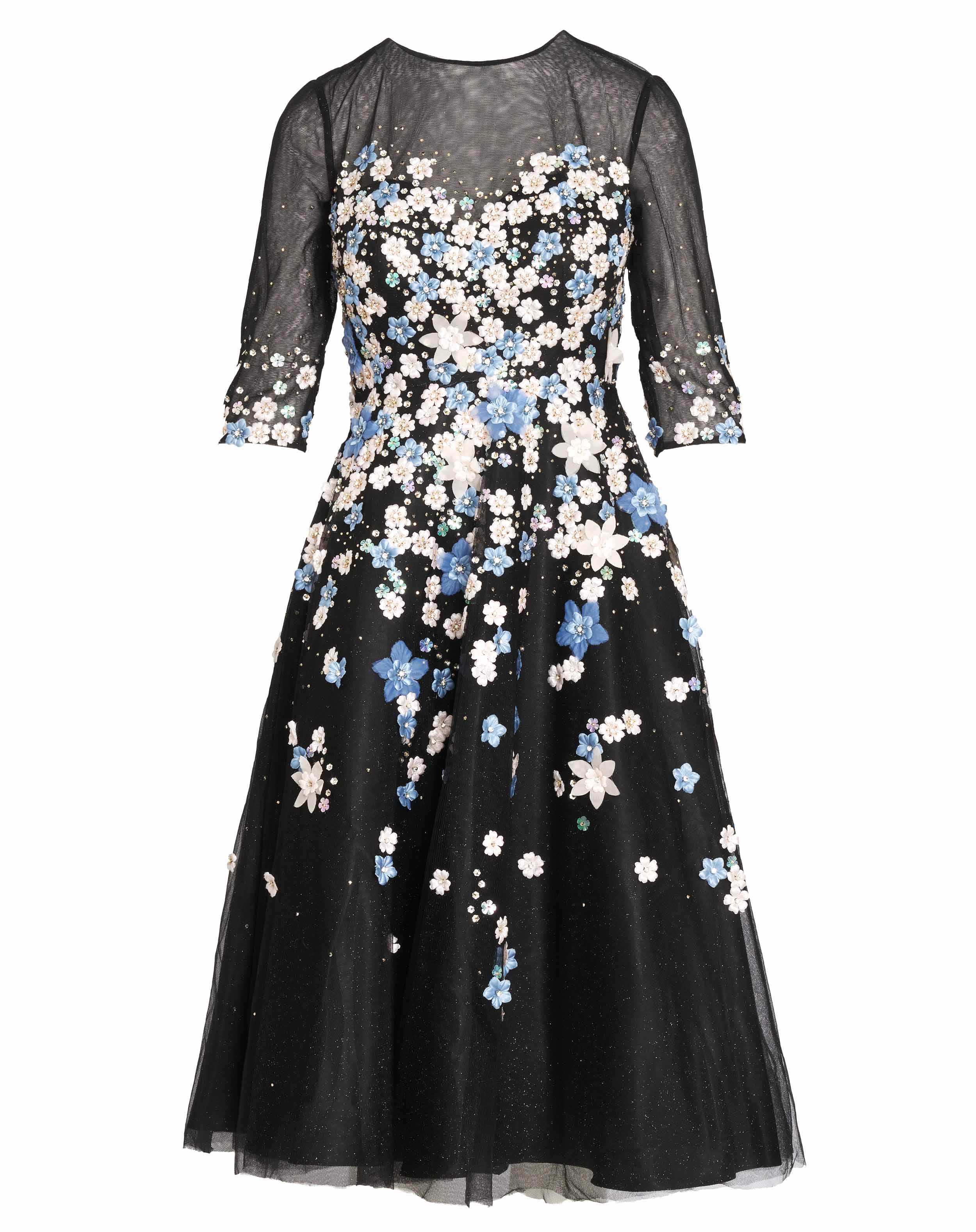 Floral Embroidered A-Line Tea-Length Cocktail Dress