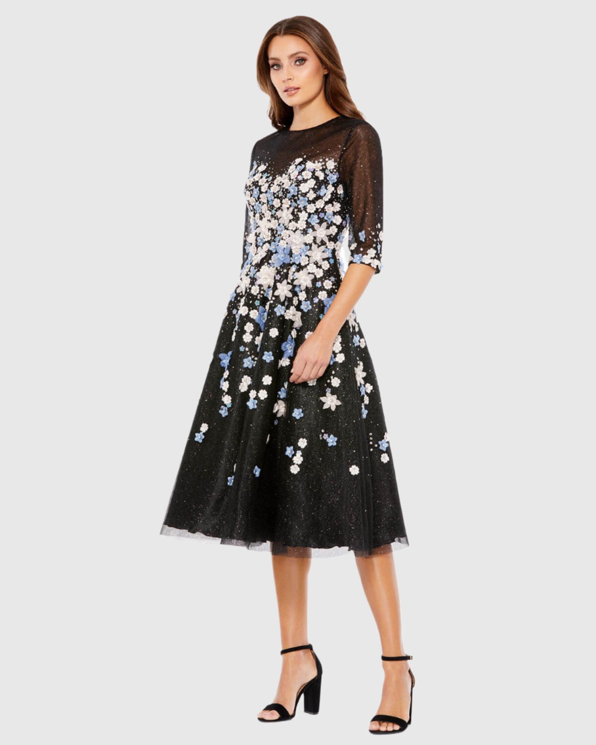 Floral Embroidered A-Line Tea-Length Cocktail Dress