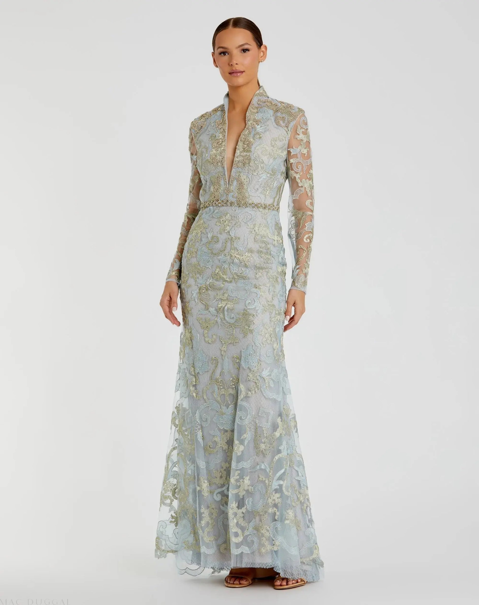 Blue Queen Anne Lace Long Sleeve V-Neck Trumpet Gown | Mac Duggal Blue Queen Anne Lace Long Sleeve V-Neck Trumpet Gown | Mac Duggal