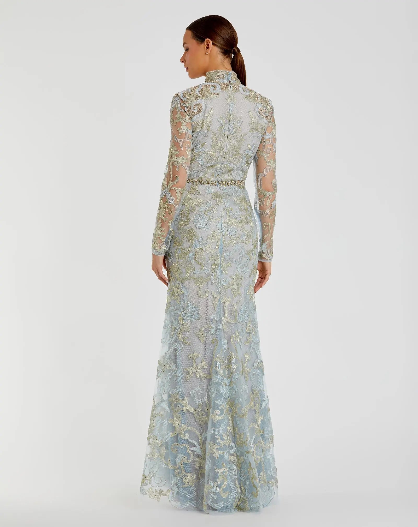 Blue Queen Anne Lace  Long Sleeve  V-Neck Trumpet Gown - Mac Duggal