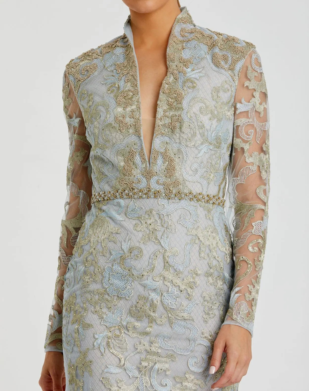 Blue Queen Anne Lace  Long Sleeve  V-Neck Trumpet Gown - Mac Duggal