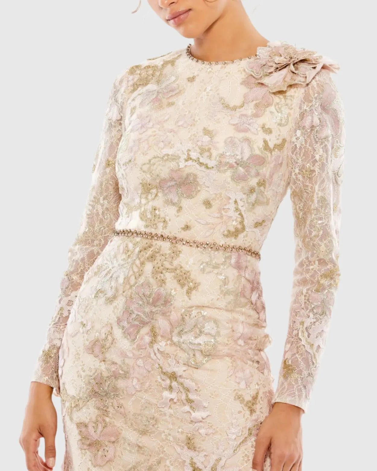Pink and Beige Embroidered Lace Trumpet Evening Dress | Mac Duggal Pink and Beige Embroidered Lace Trumpet Evening Dress | Mac Duggal