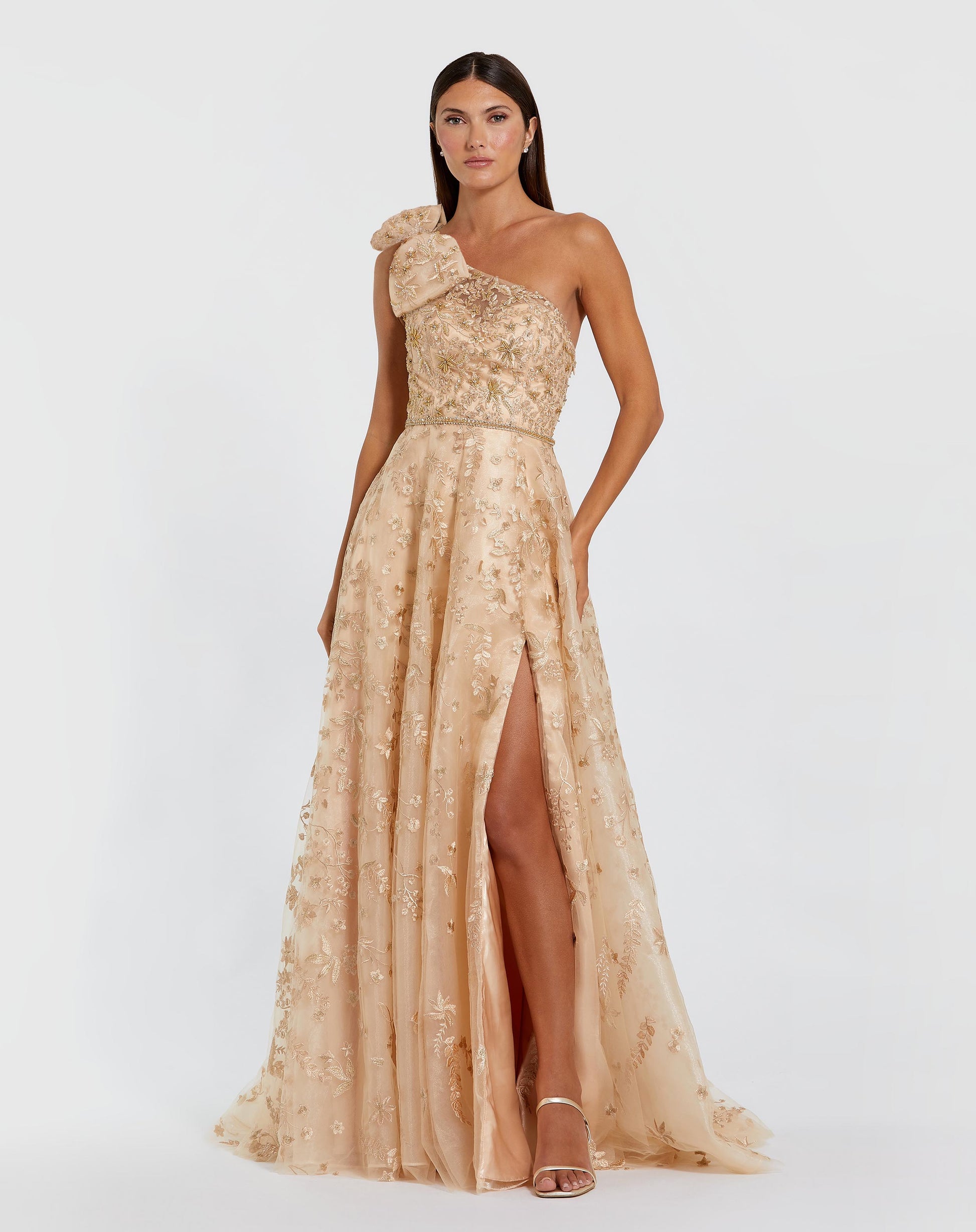 Beige Embellished Bow One Shoulder A Line Gown - Mac Duggal