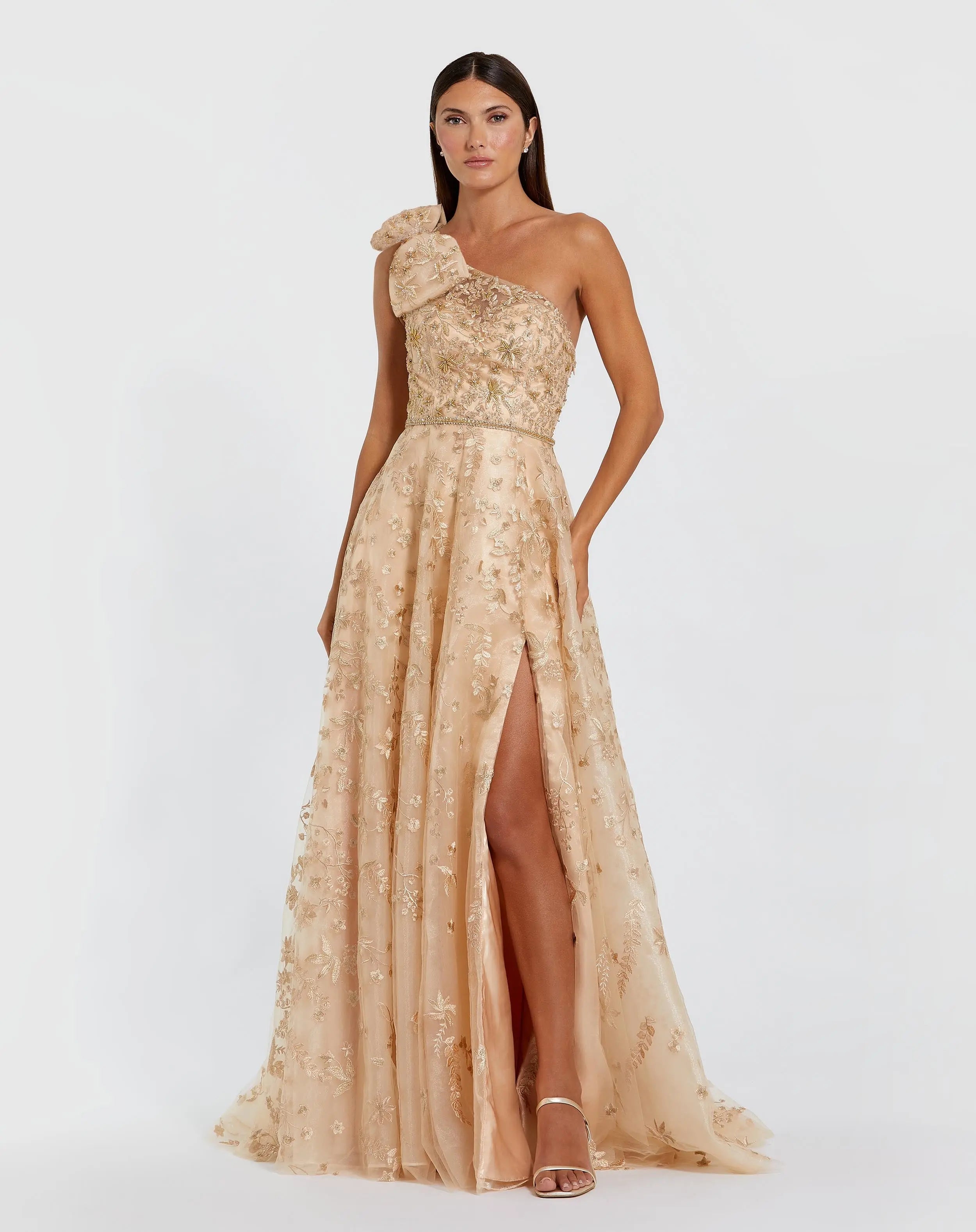 Beige Embellished Bow One Shoulder A Line Gown - Mac Duggal