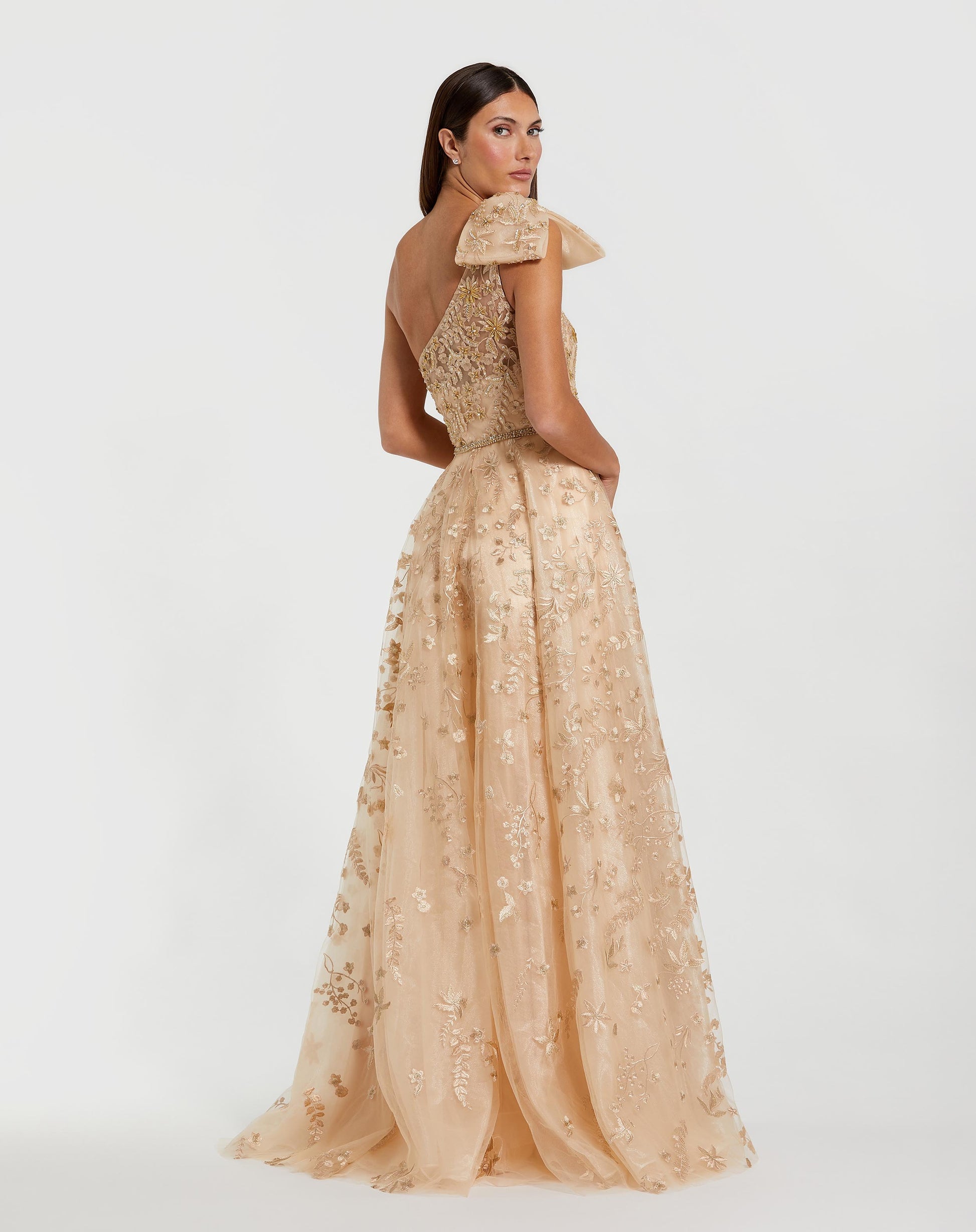 Beige Embellished Bow One Shoulder A Line Gown - Mac Duggal