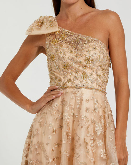Beige Embellished Bow One Shoulder A Line Gown - Mac Duggal