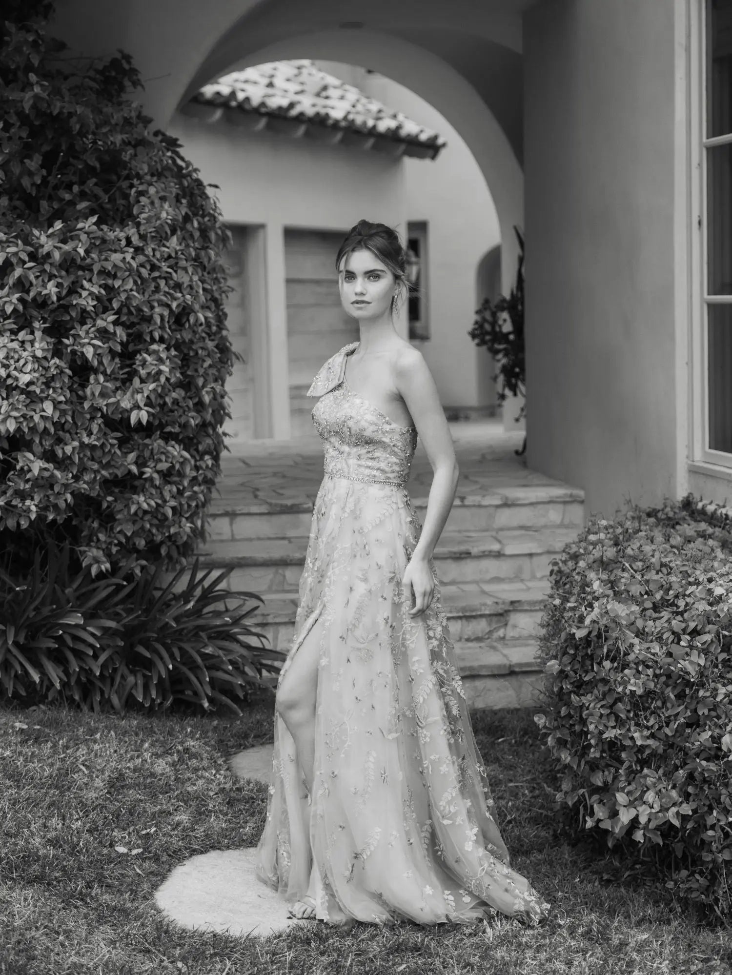 Green Embellished Bow One Shoulder A Line Gown - Mac Duggal Green Embellished Bow One Shoulder A Line Gown - Mac Duggal