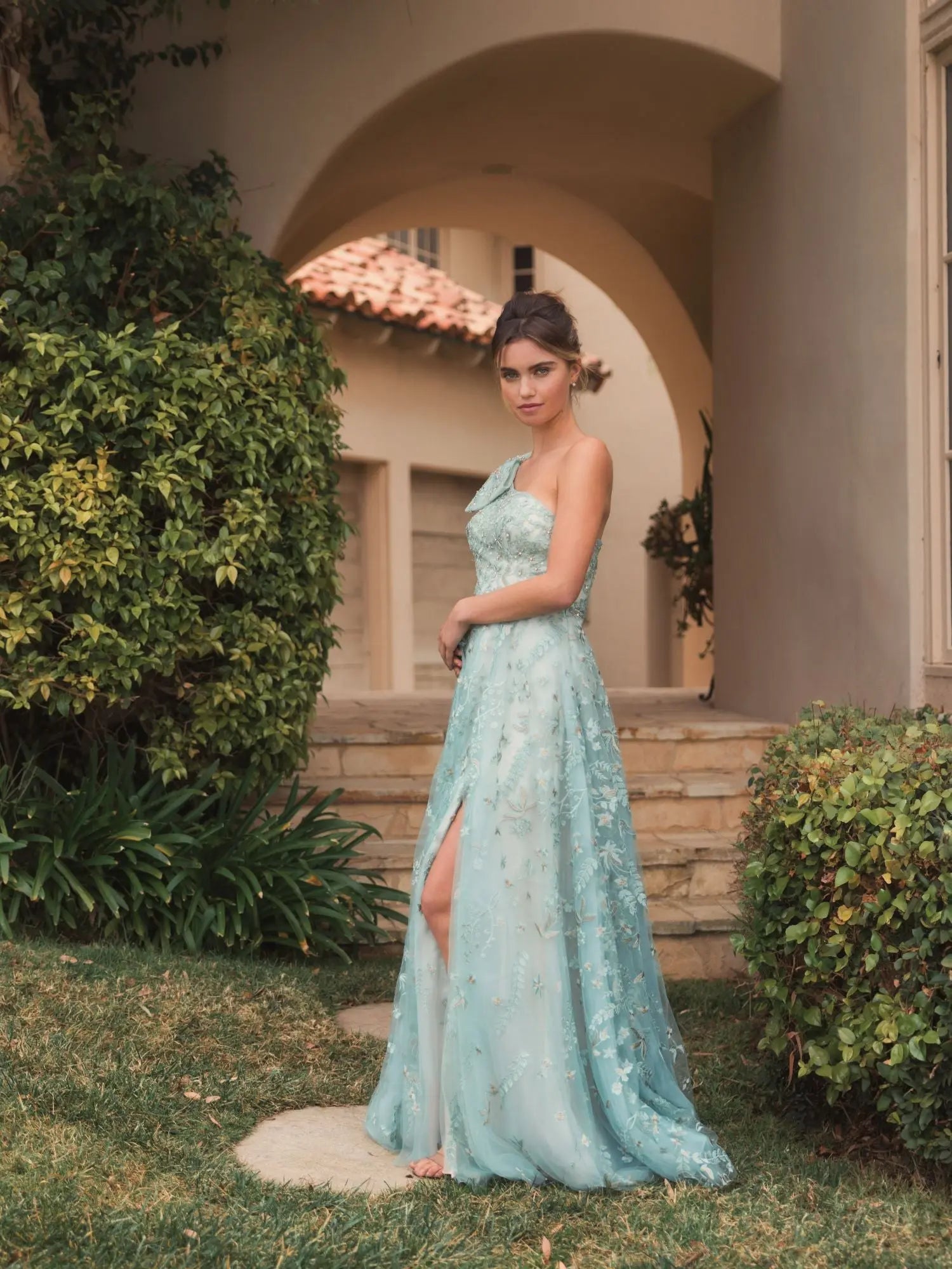 Green Embellished Bow One Shoulder A Line Gown - Mac Duggal Green Embellished Bow One Shoulder A Line Gown - Mac Duggal