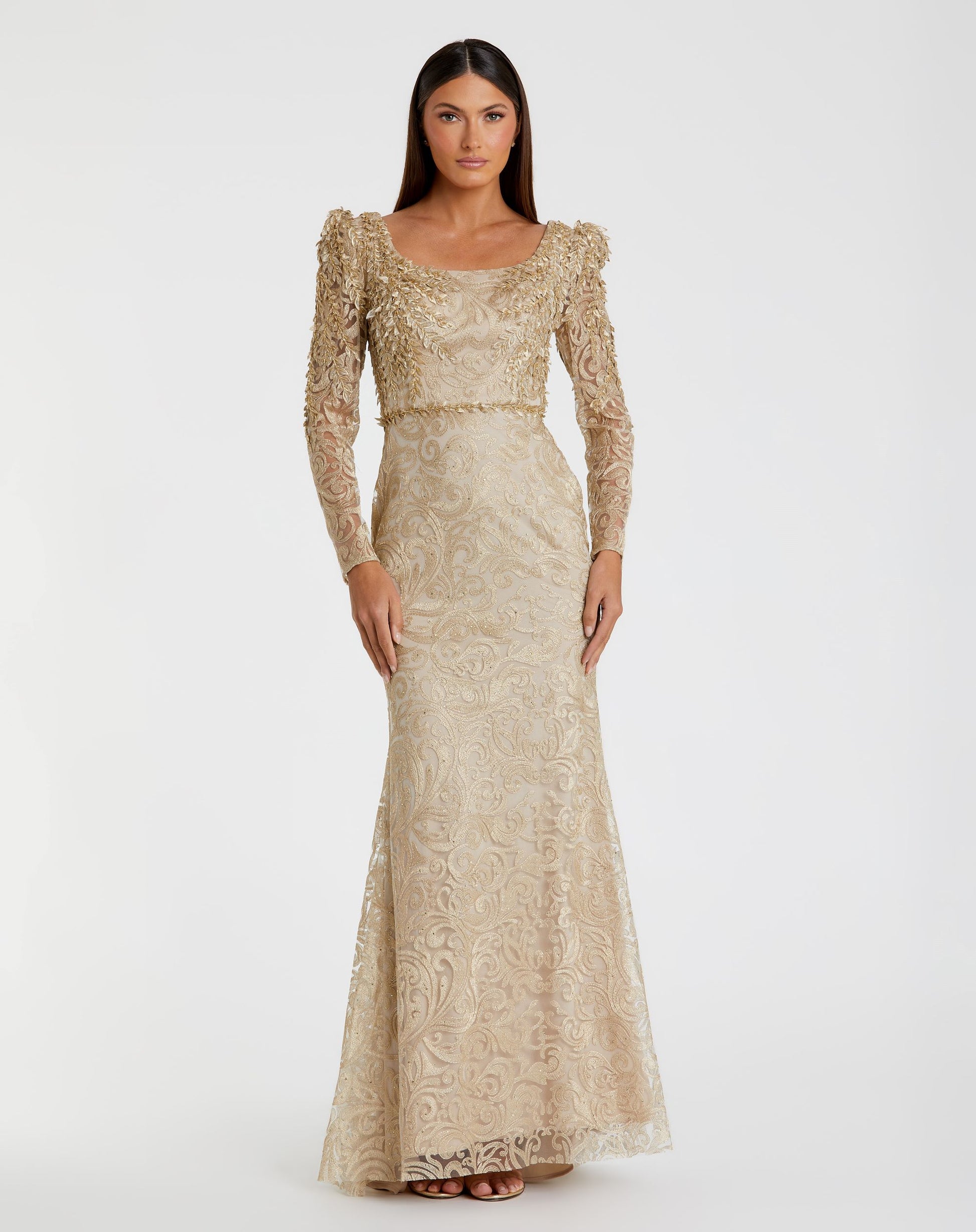 Embroidered Applique Shoulder Detail Trumpet Gown