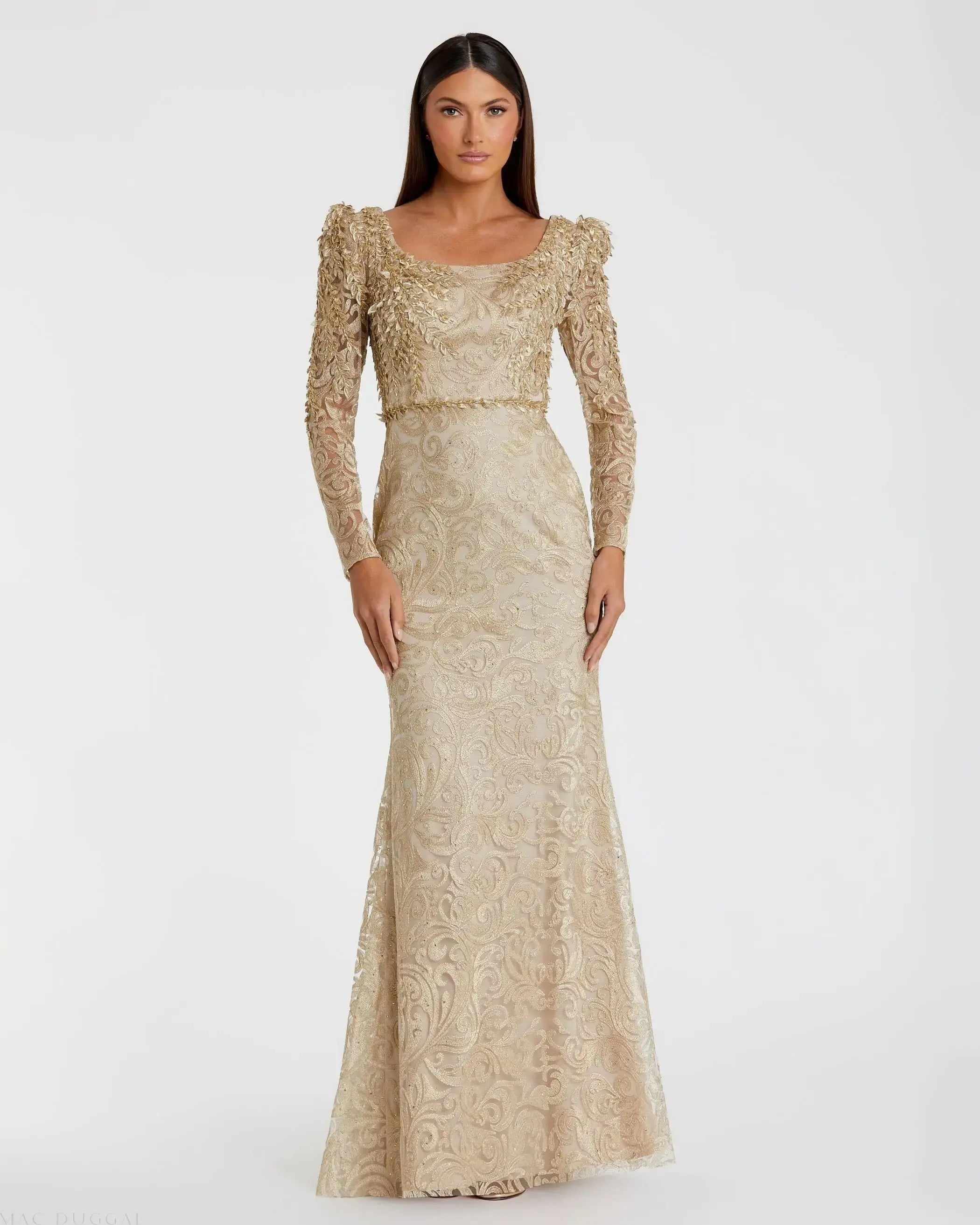 Gold Embroidered Lace Applique Shoulder Detail Trumpet Gown - Mac Duggal