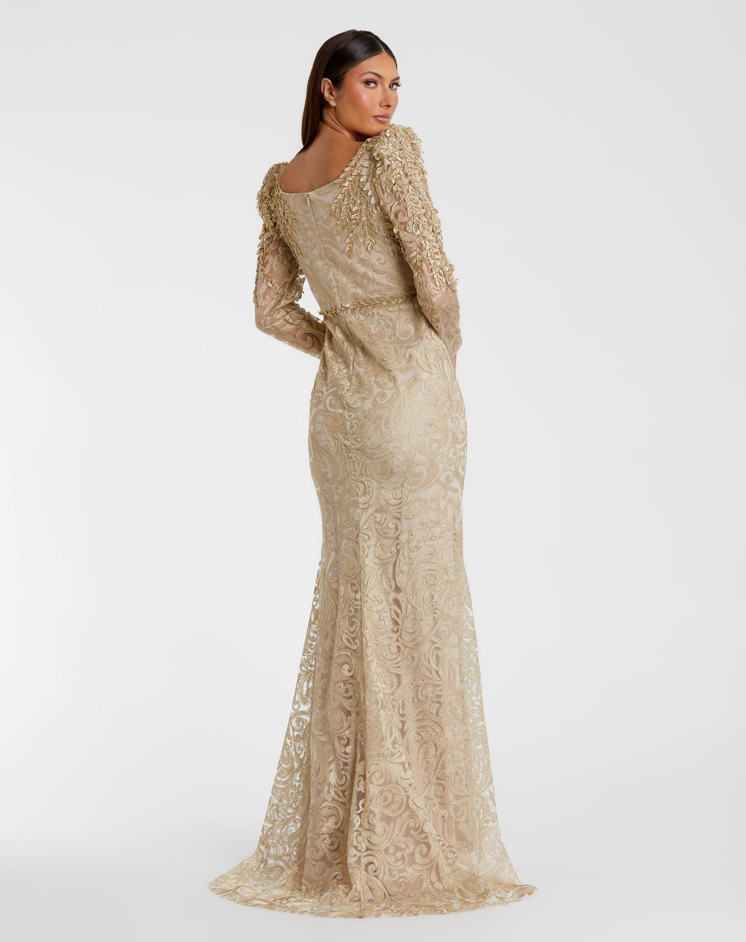 Embroidered Applique Shoulder Detail Trumpet Gown