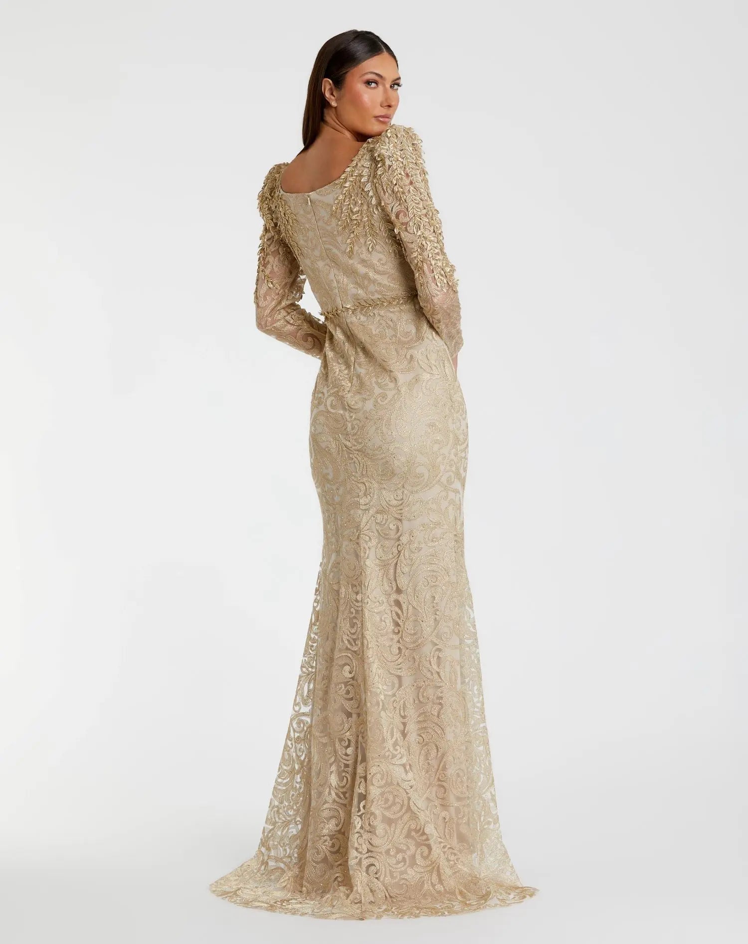 Gold Embroidered Lace Applique Shoulder Detail Trumpet Gown - Mac Duggal