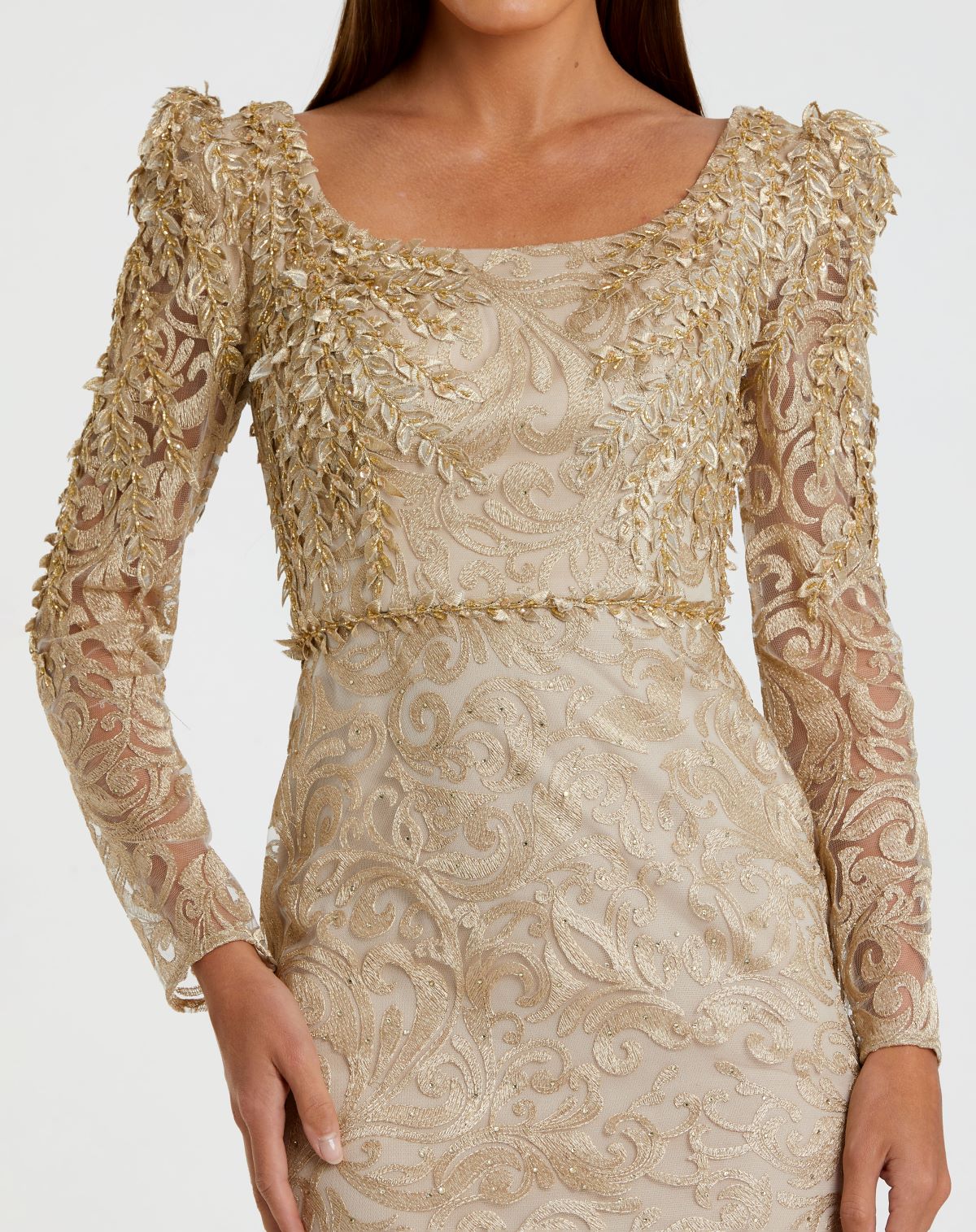 Embroidered Applique Shoulder Detail Trumpet Gown