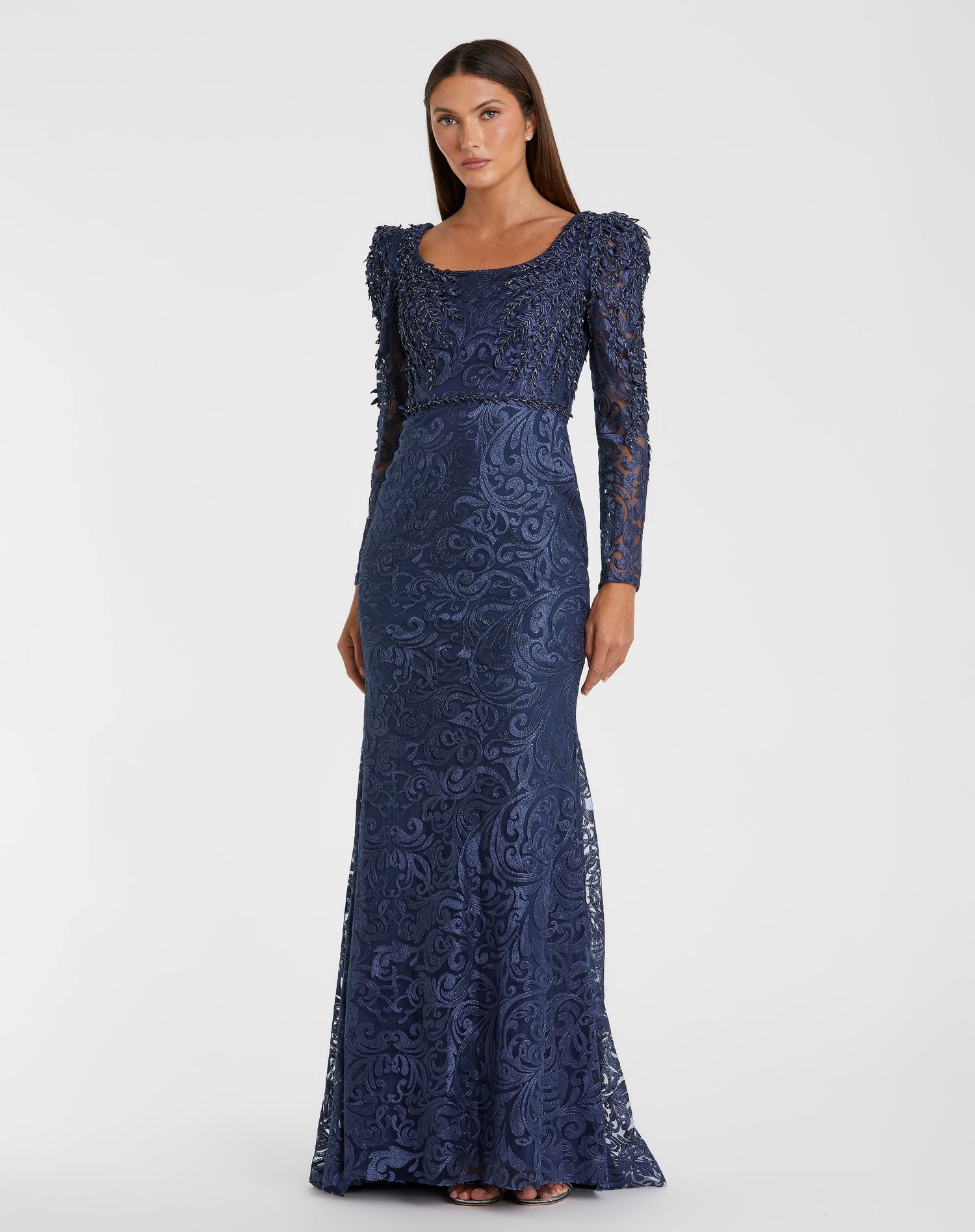 Embroidered Applique Shoulder Detail Trumpet Gown