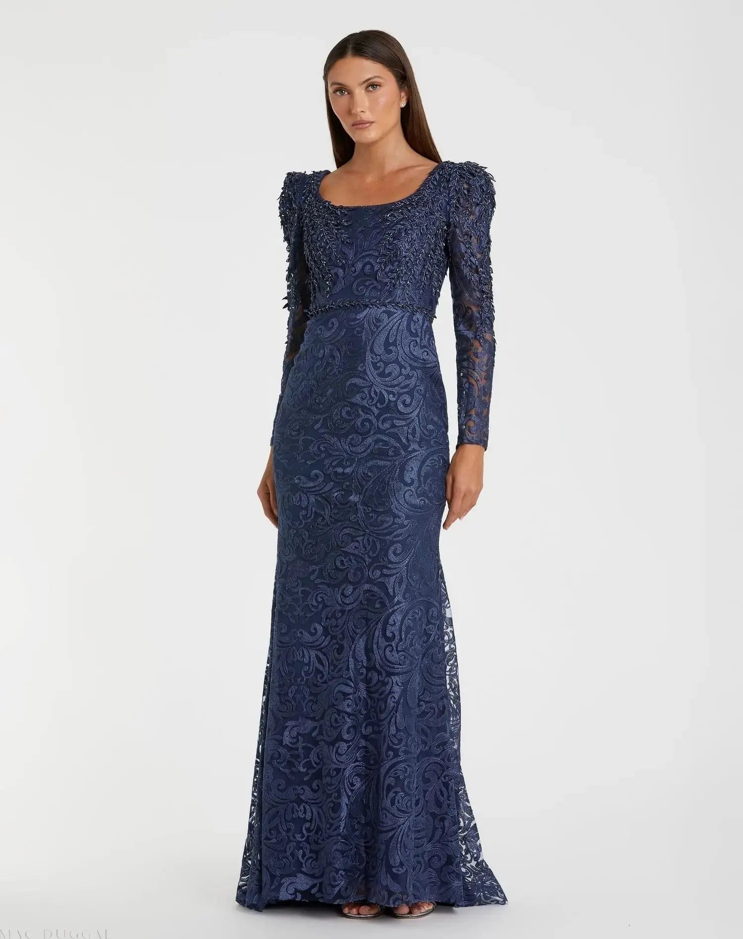 Blue Embroidered Lace Applique Shoulder Detail Trumpet Gown - Mac Duggal