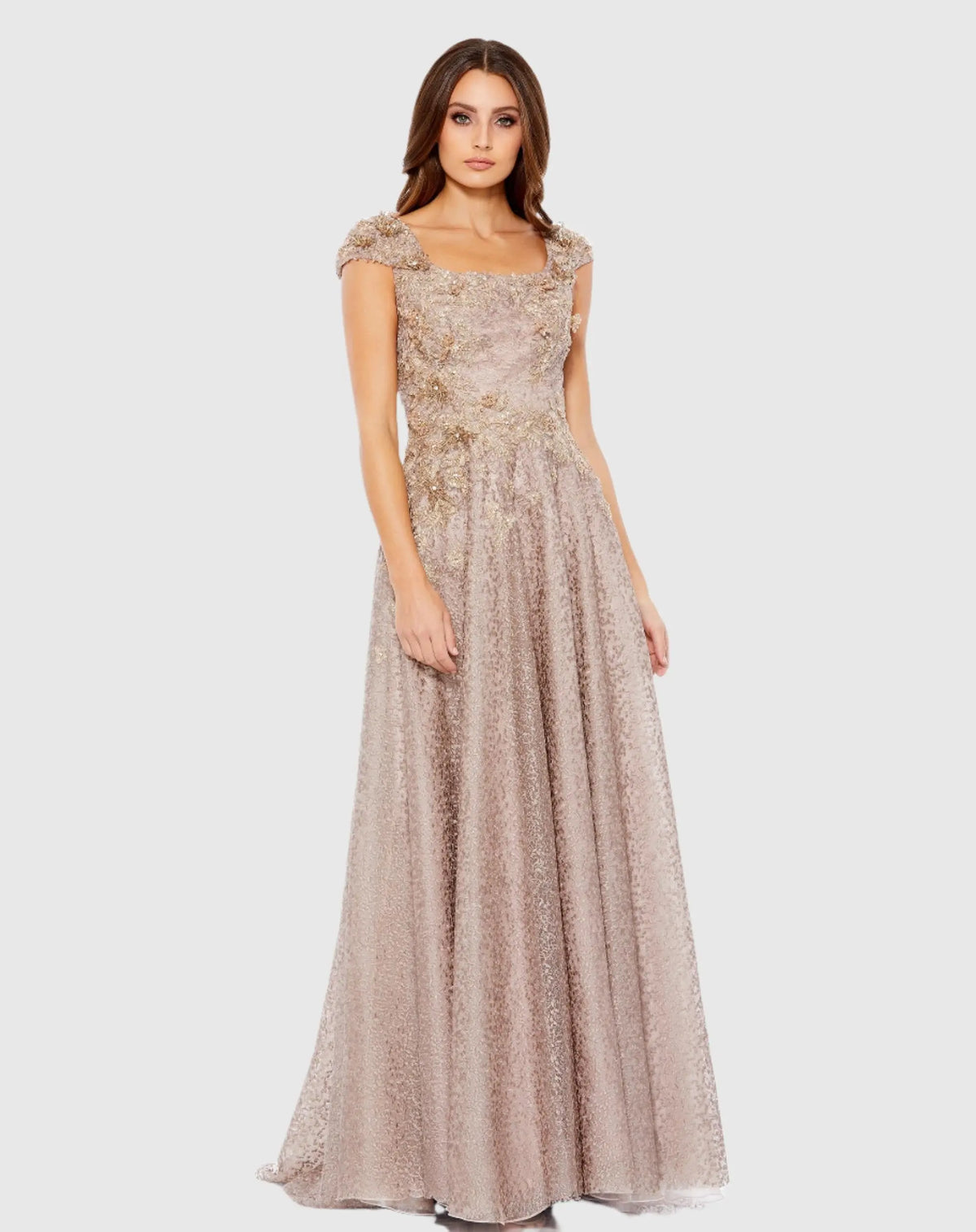 Mocha Floral Embroidered Cap Sleeve A-Line Gown - Mac Duggal
