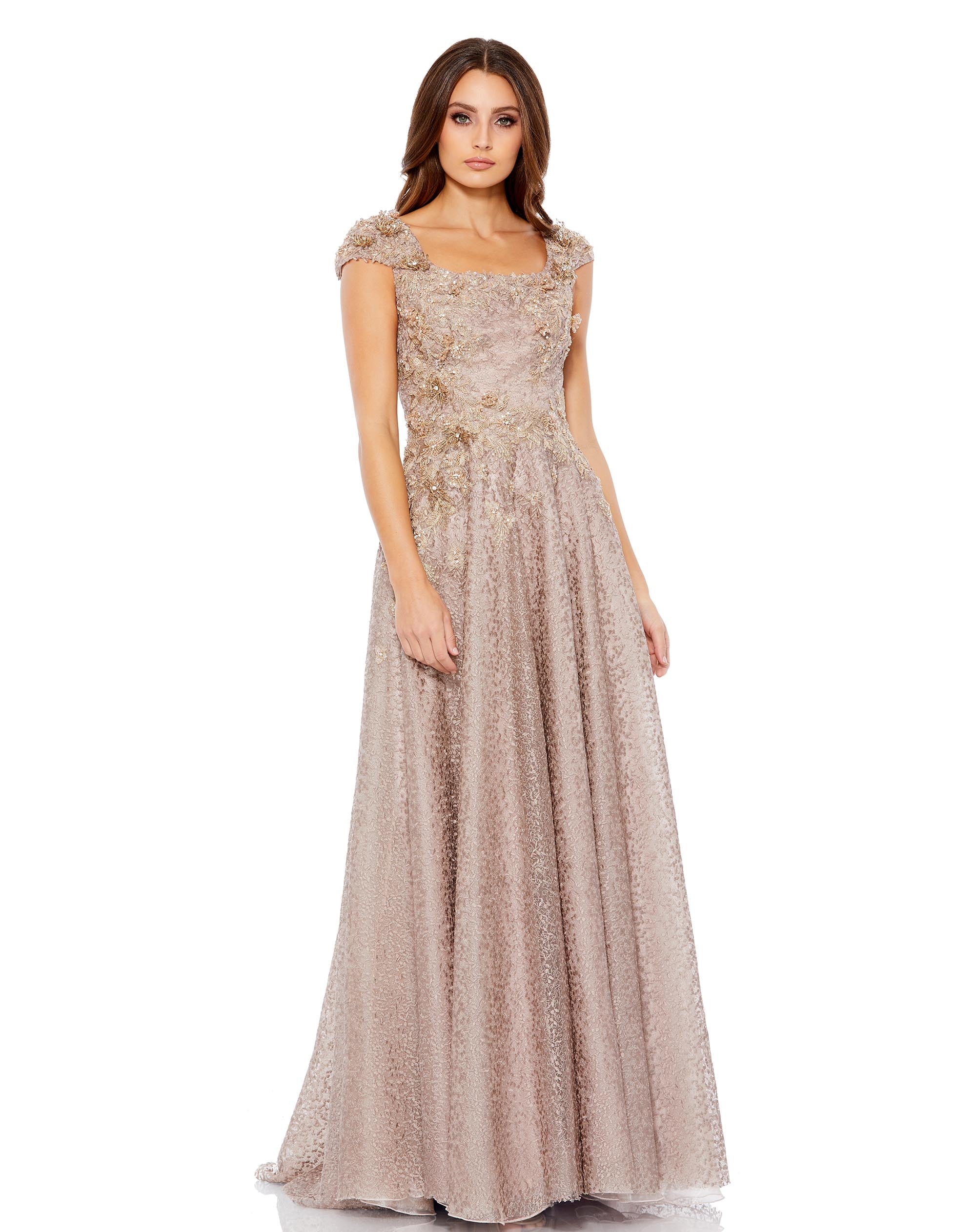 Embellished Cap Sleeve Square Neck A Line Gown