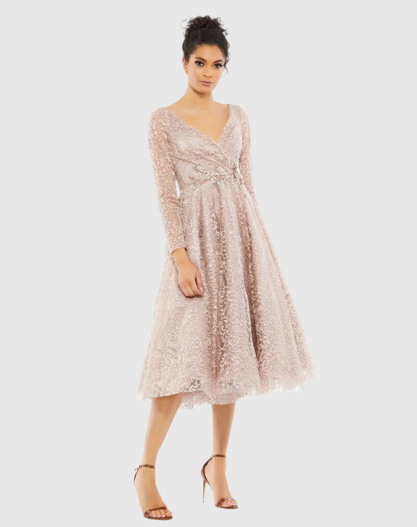 Pink Long Sleeve Tea Length Dress - Mac Duggal