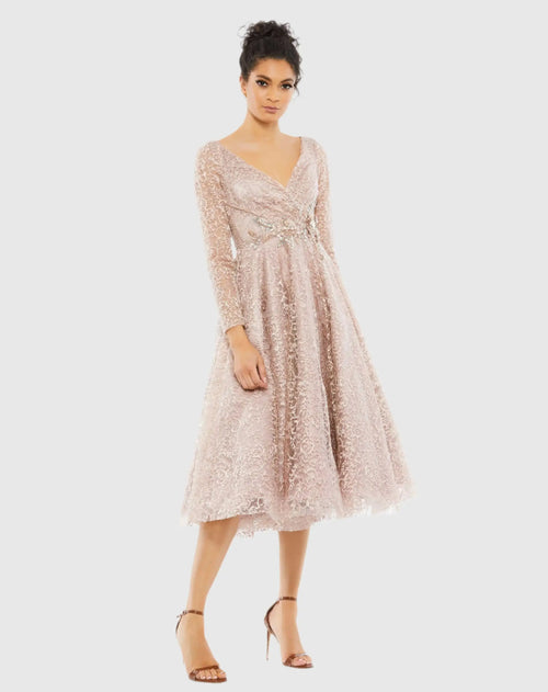 Pink Long Sleeve Tea Length Dress - Mac Duggal