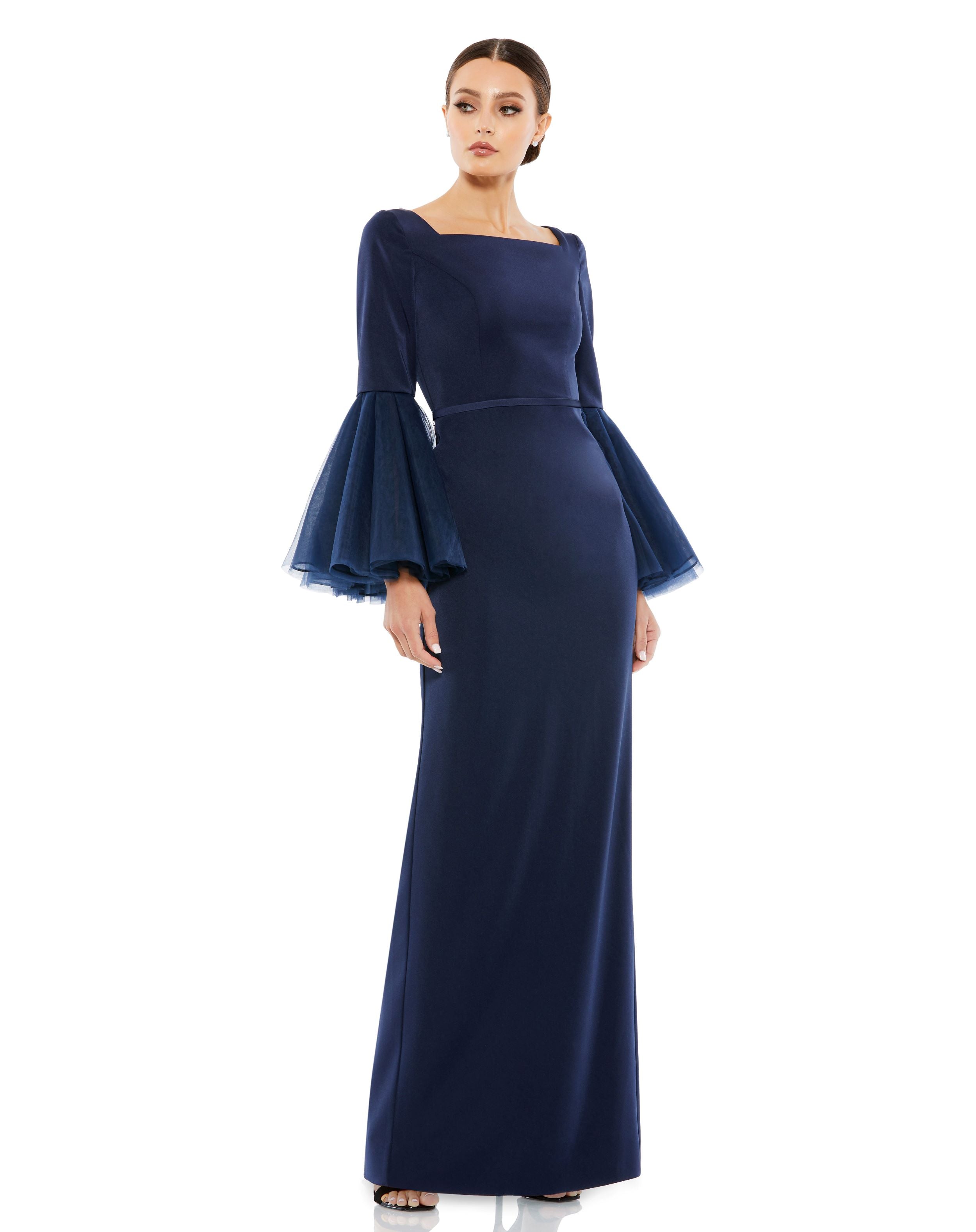 Flounce Sleeve Square Neck Column Gown