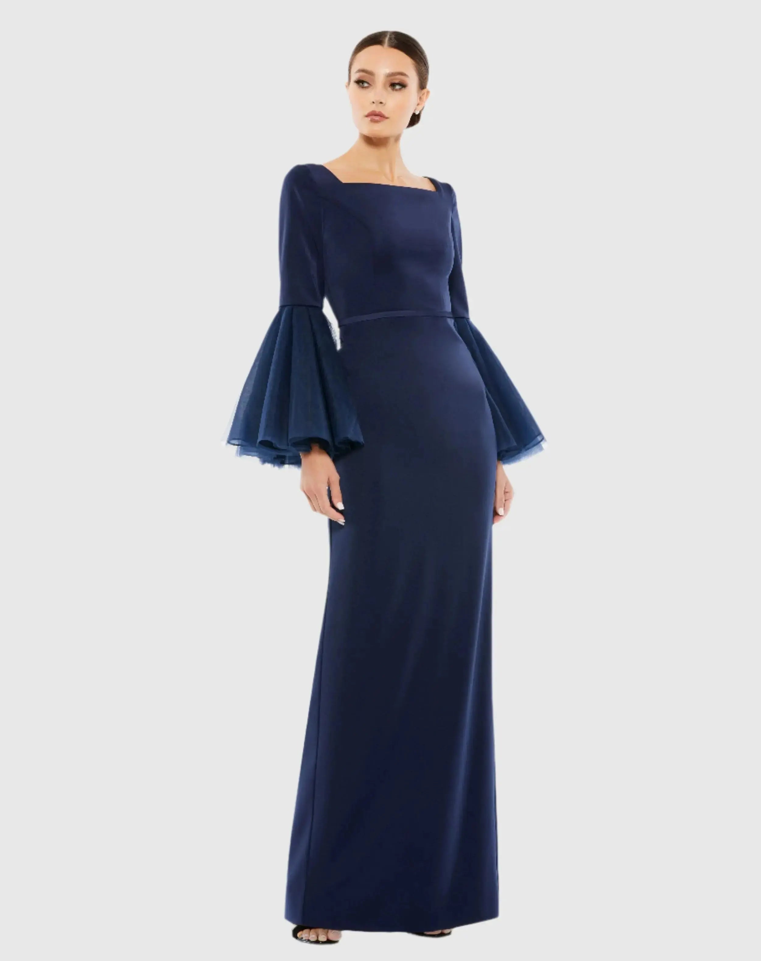Navy Flounce Sleeve Square Neck Column Gown - Mac Duggal