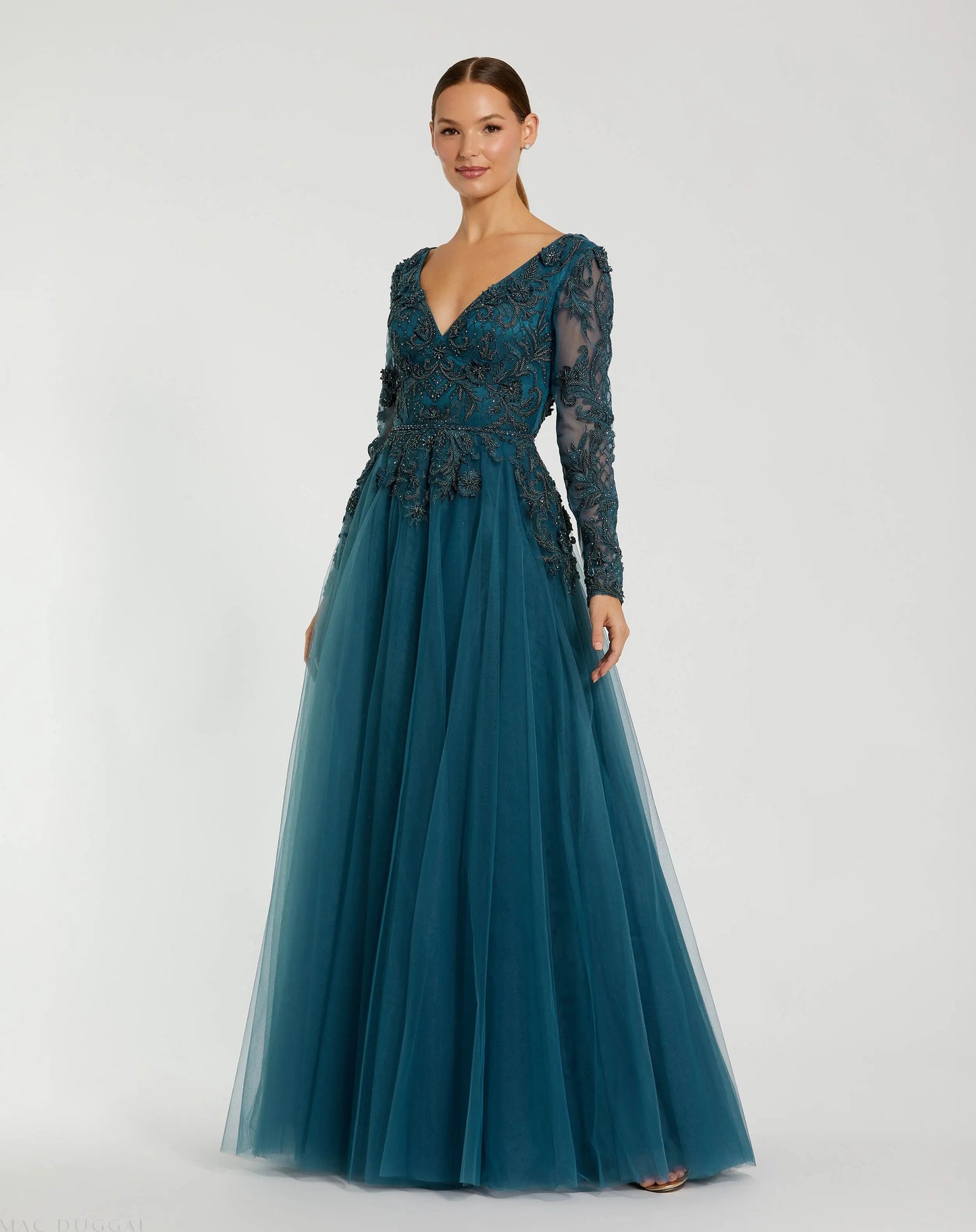 Teal Long Sleeve Embellished Tulle Gown - Mac Duggal