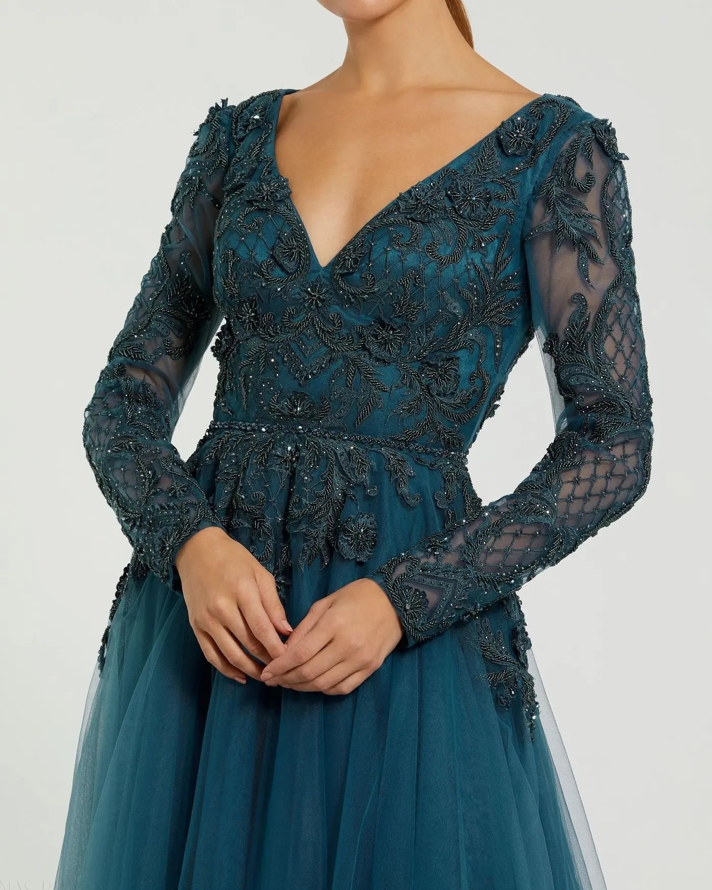 Mac Duggal - Teal Long Sleeve Embellished Tulle Gown