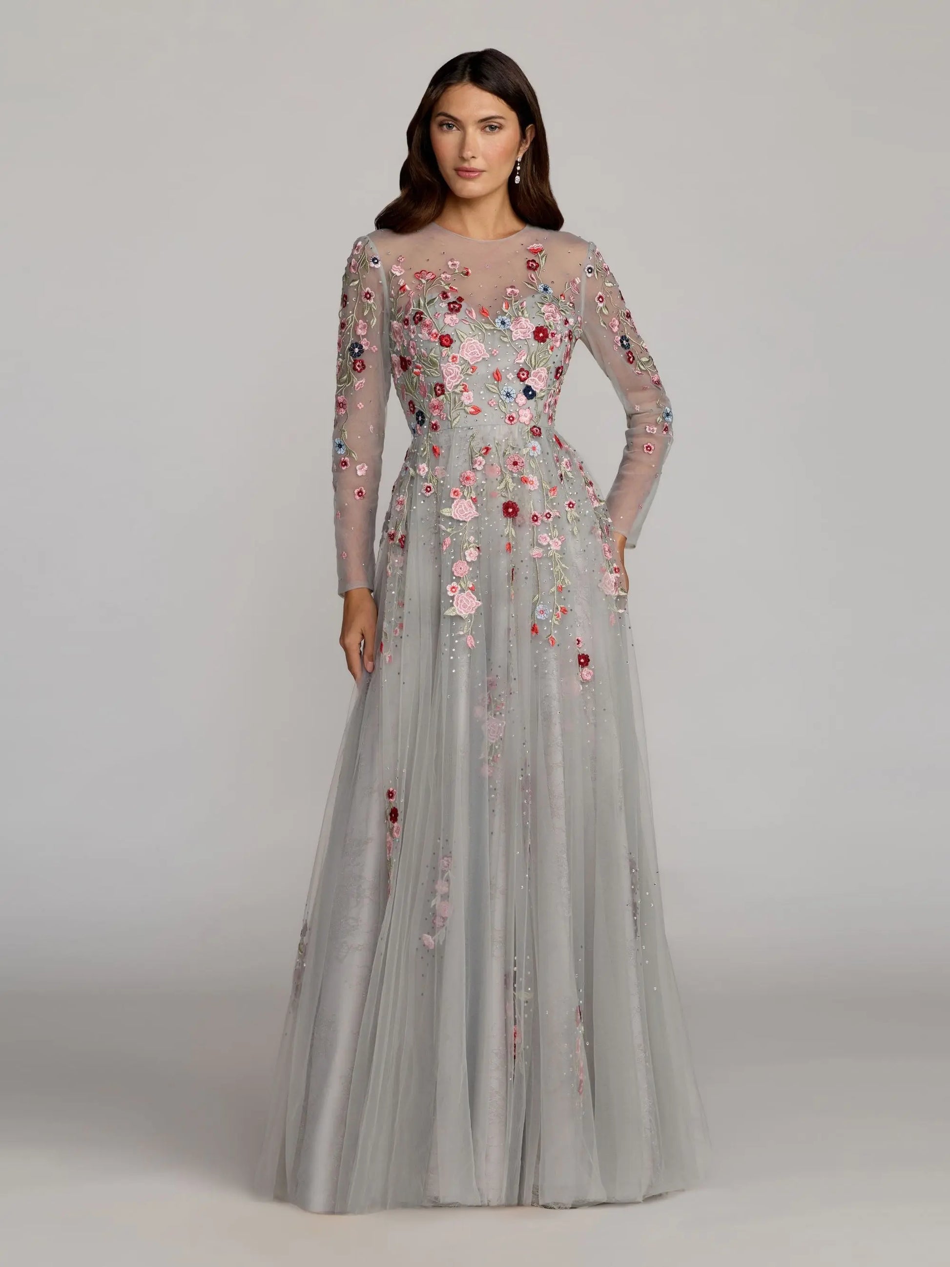 Gray Embroidered Illusion High Neck Long Sleeve A Line Gown Gray Embroidered Illusion High Neck Long Sleeve A Line Gown