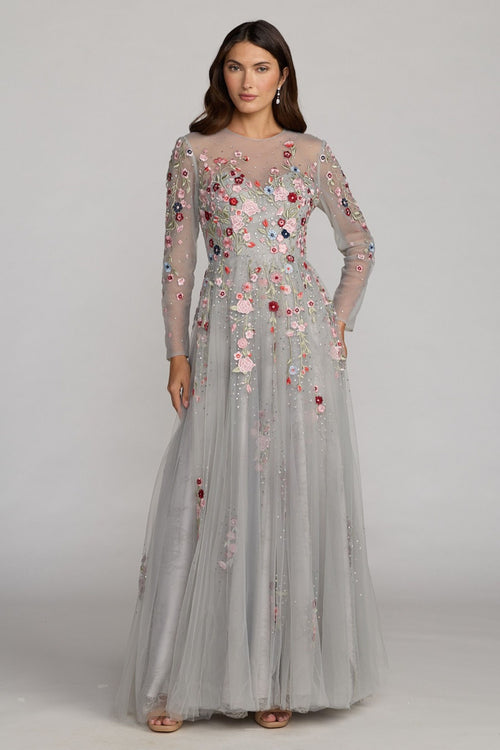 Gray Embroidered Illusion High Neck Long Sleeve A Line Gown Mac Duggal