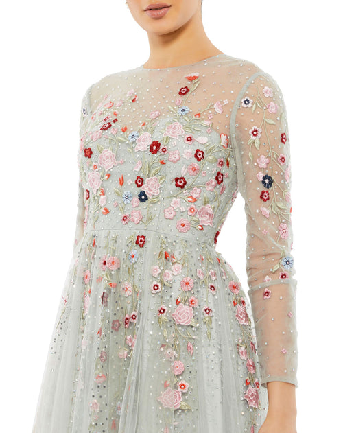 Embroidered Illusion High Neck Long Sleeve A Line Gown