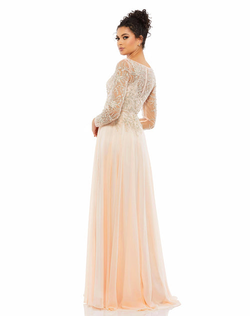 Embellished Bodice Illusion Long Sleeve A Line Gown | Sample | Sz. 2