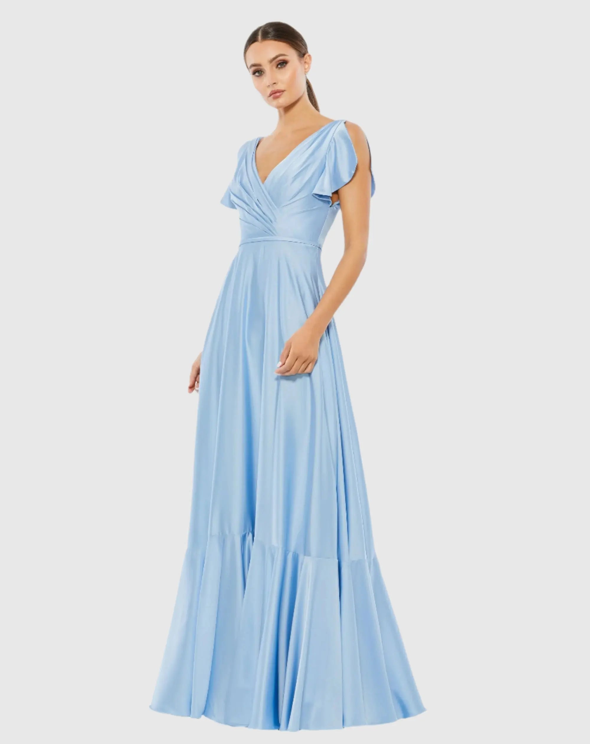 Blue Flounce Sleeve Satin Gown - Ieena for Mac Duggal