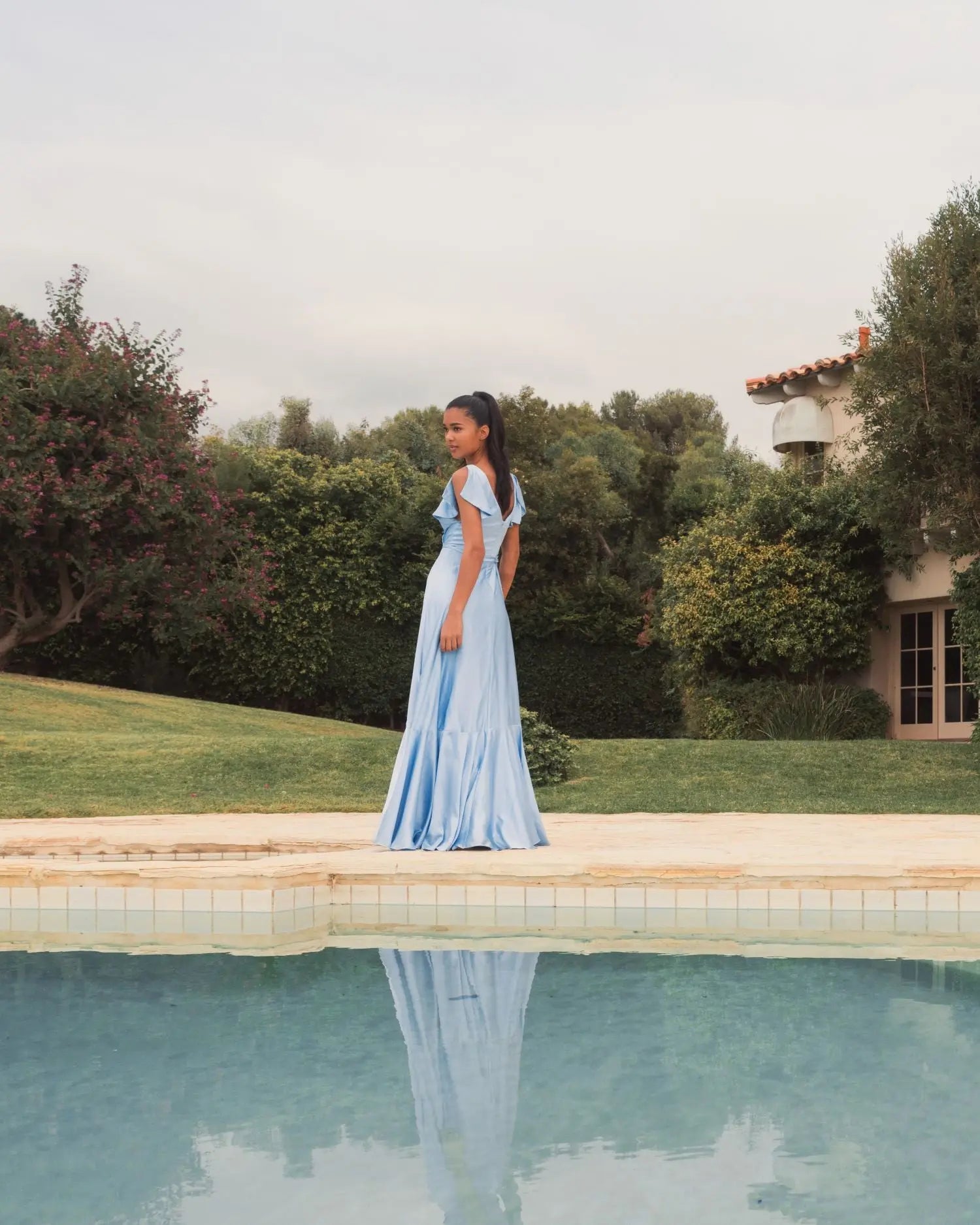 Blue Flounce Sleeve Satin Gown - Ieena for Mac Duggal