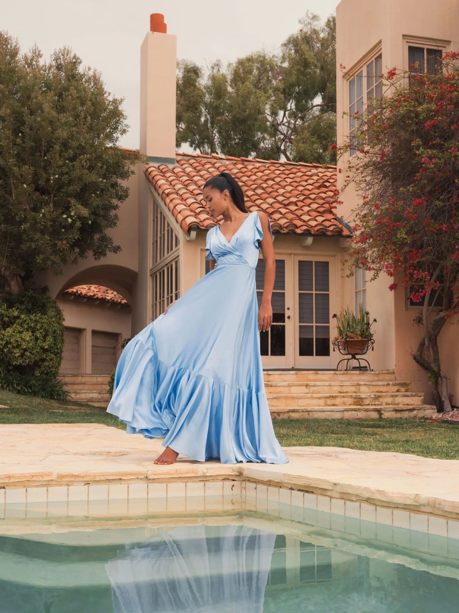 Blue Flounce Sleeve Satin Gown - Ieena for Mac Duggal