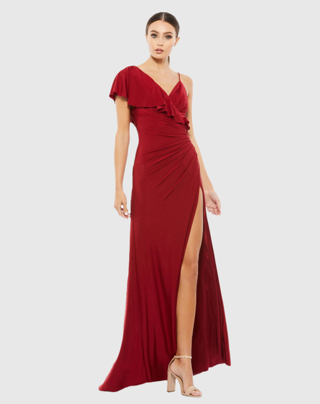 Asymmetric V-Neck Jersey Ruffled Cap Sleeve Gown