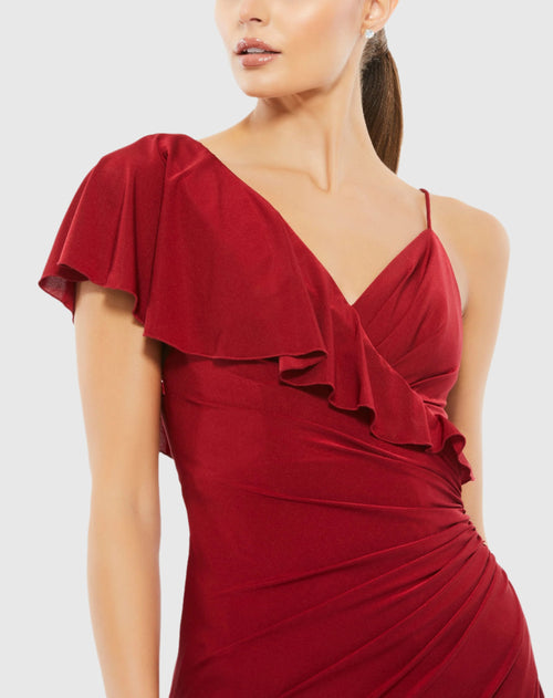 Asymmetric V-Neck Jersey Ruffled Cap Sleeve Gown