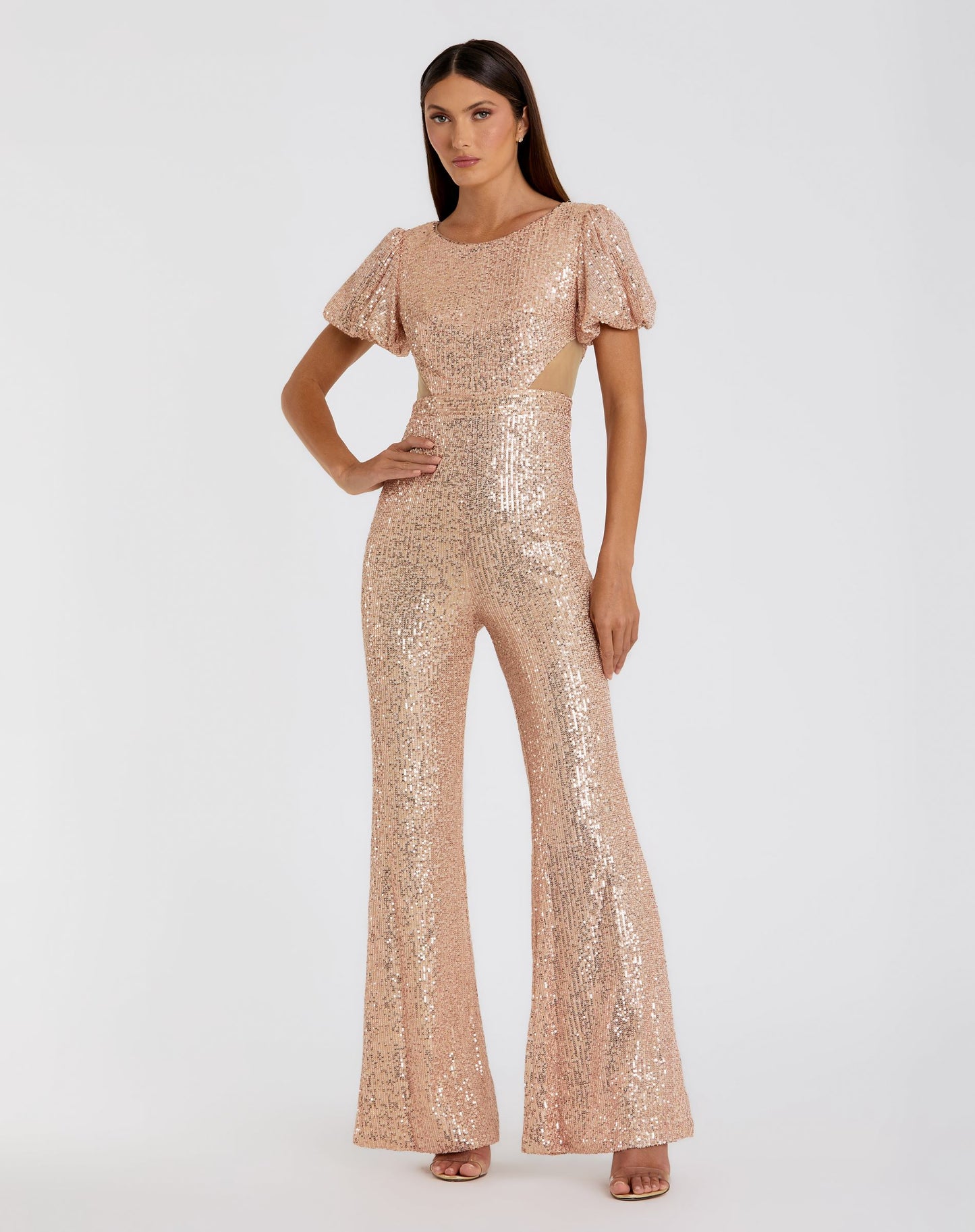 Sequined Puff Shoulder Illusion Cut Out Jumpsuit