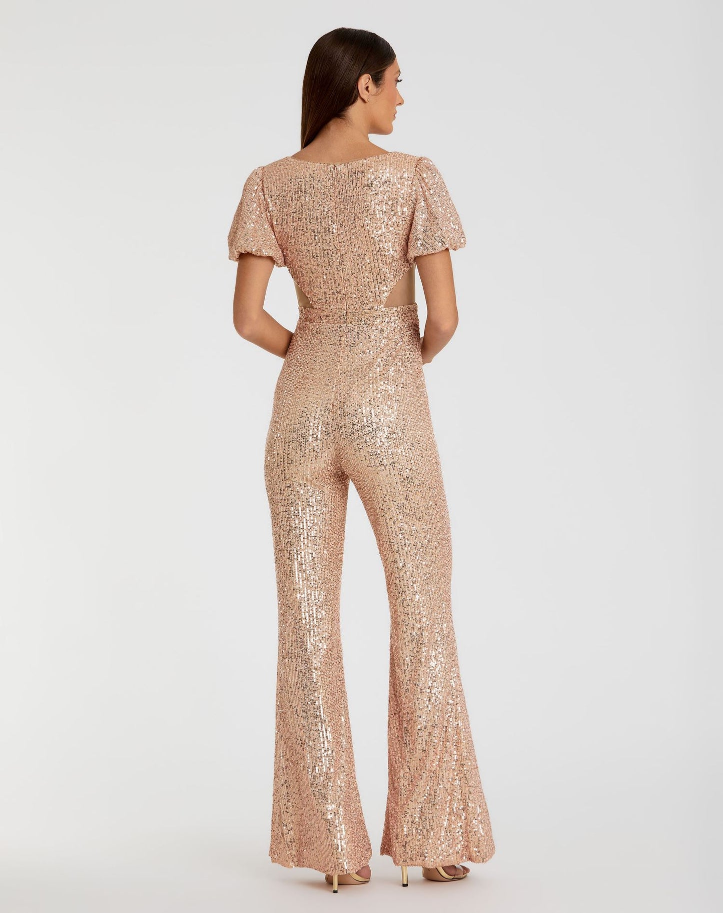 Blush Pink Sequined Puff Shoulder Illusion Cut Out Jumpsuit