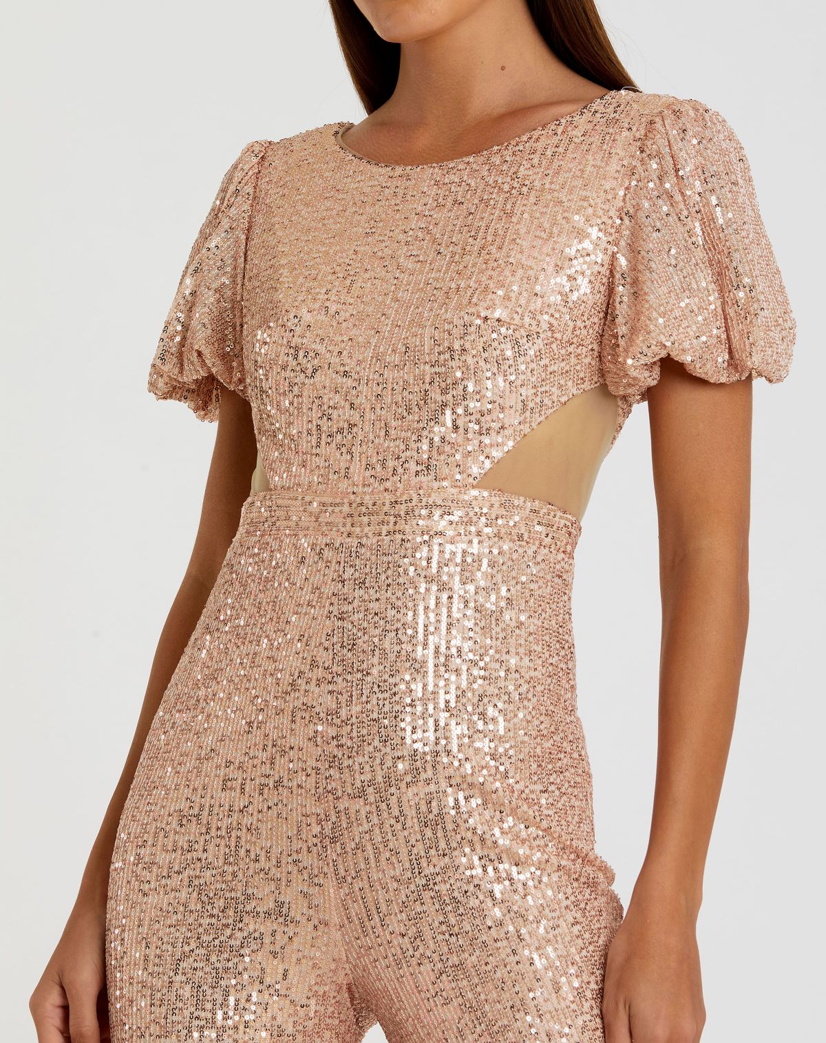 Blush Pink Sequined Puff Shoulder Illusion Cut Out Jumpsuit