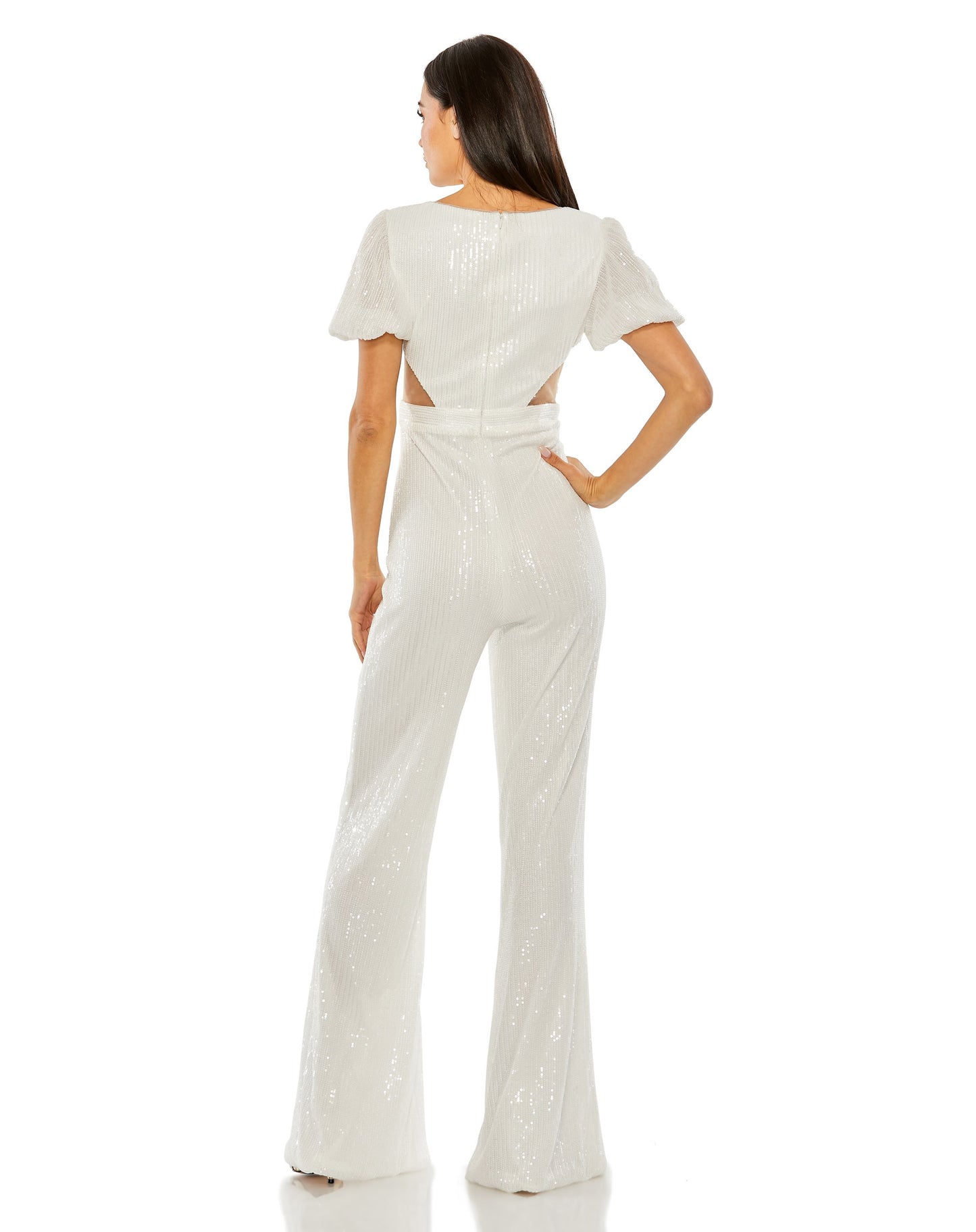 Sequined Puff Shoulder Illusion Cut Out Jumpsuit | Sample | Sz. 2