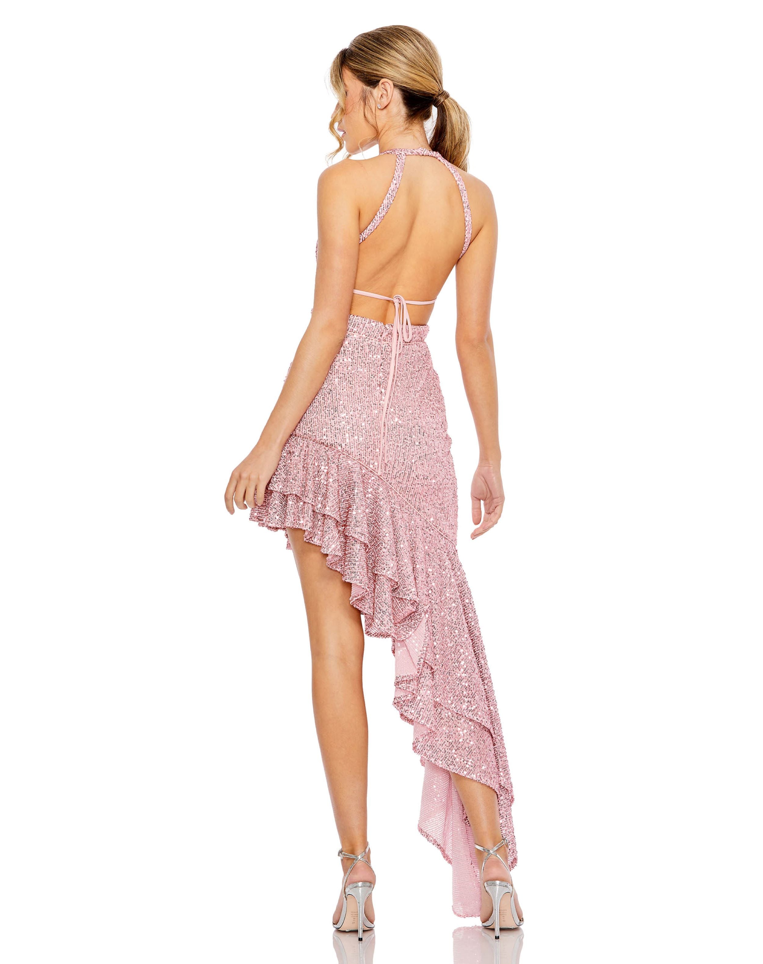Sequined Halter Cut Out Ruffle Asymmetrical Dress | Sample | Sz. 2