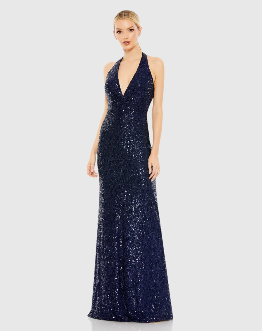 Sequined Halter Strap Plunge Neck Gown