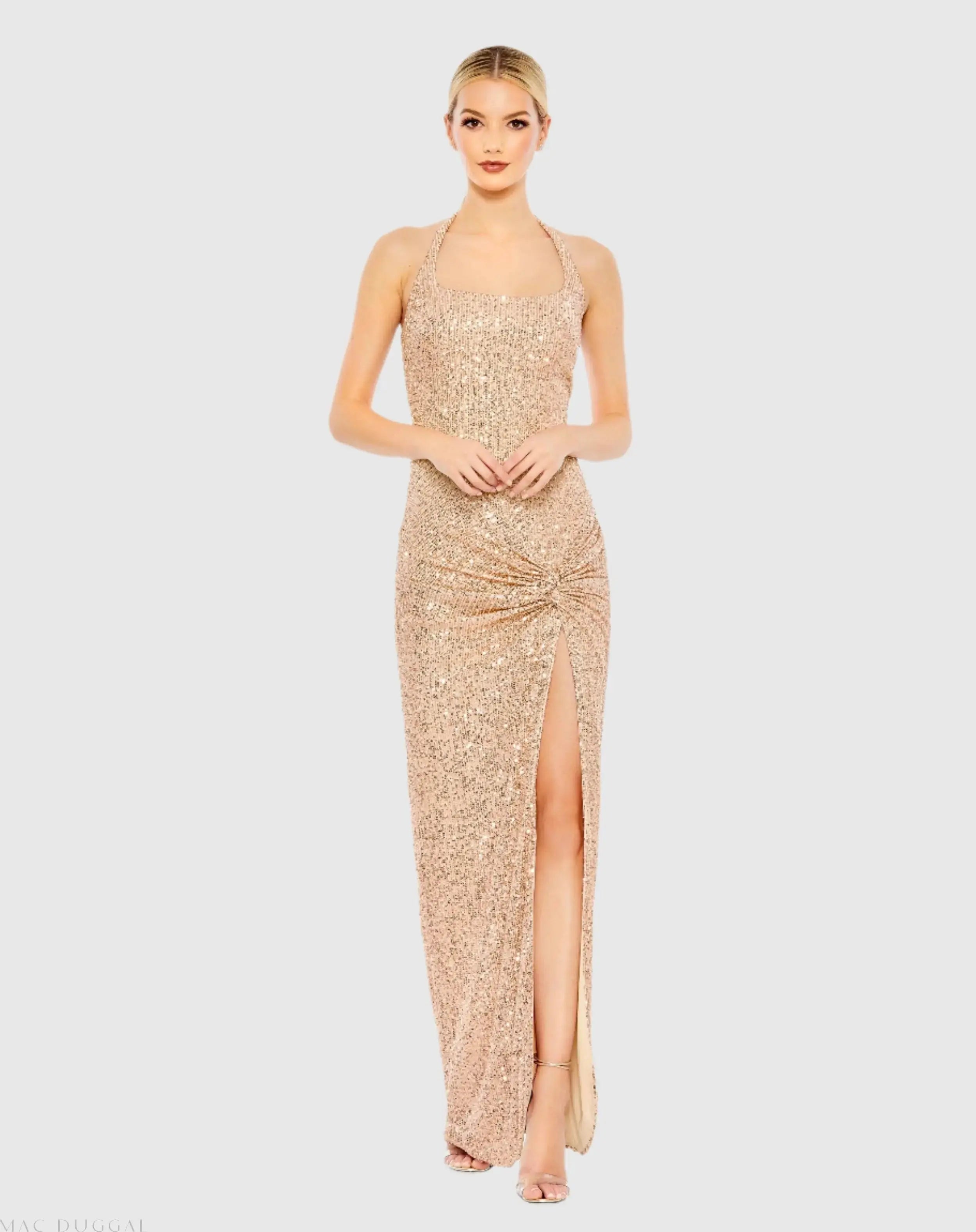 Gold Sequined Halter Strap Low Side Knot Gown - Ieena for Mac Duggal