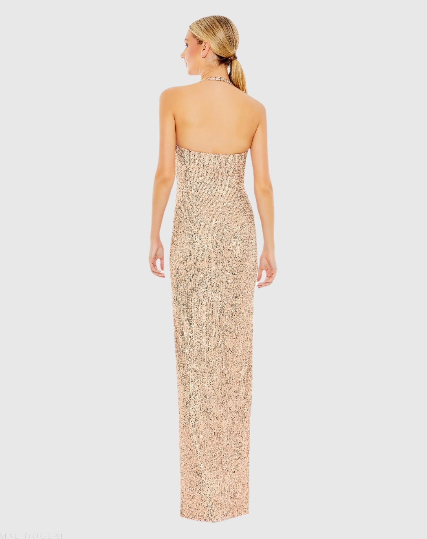 Gold Sequined Halter Strap Low Side Knot Gown - Ieena for Mac Duggal