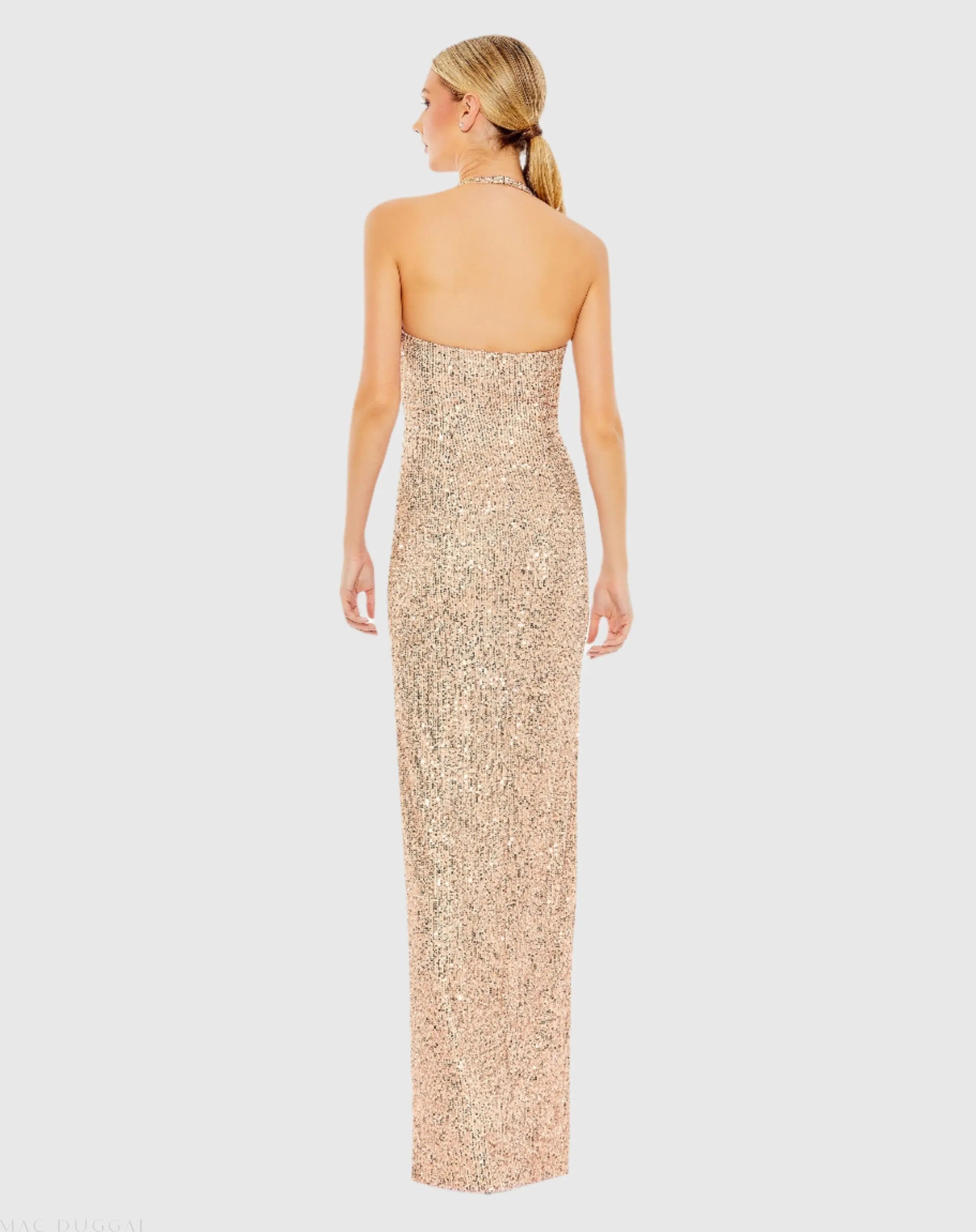 Gold Sequined Halter Strap Low Side Knot Gown - Ieena for Mac Duggal