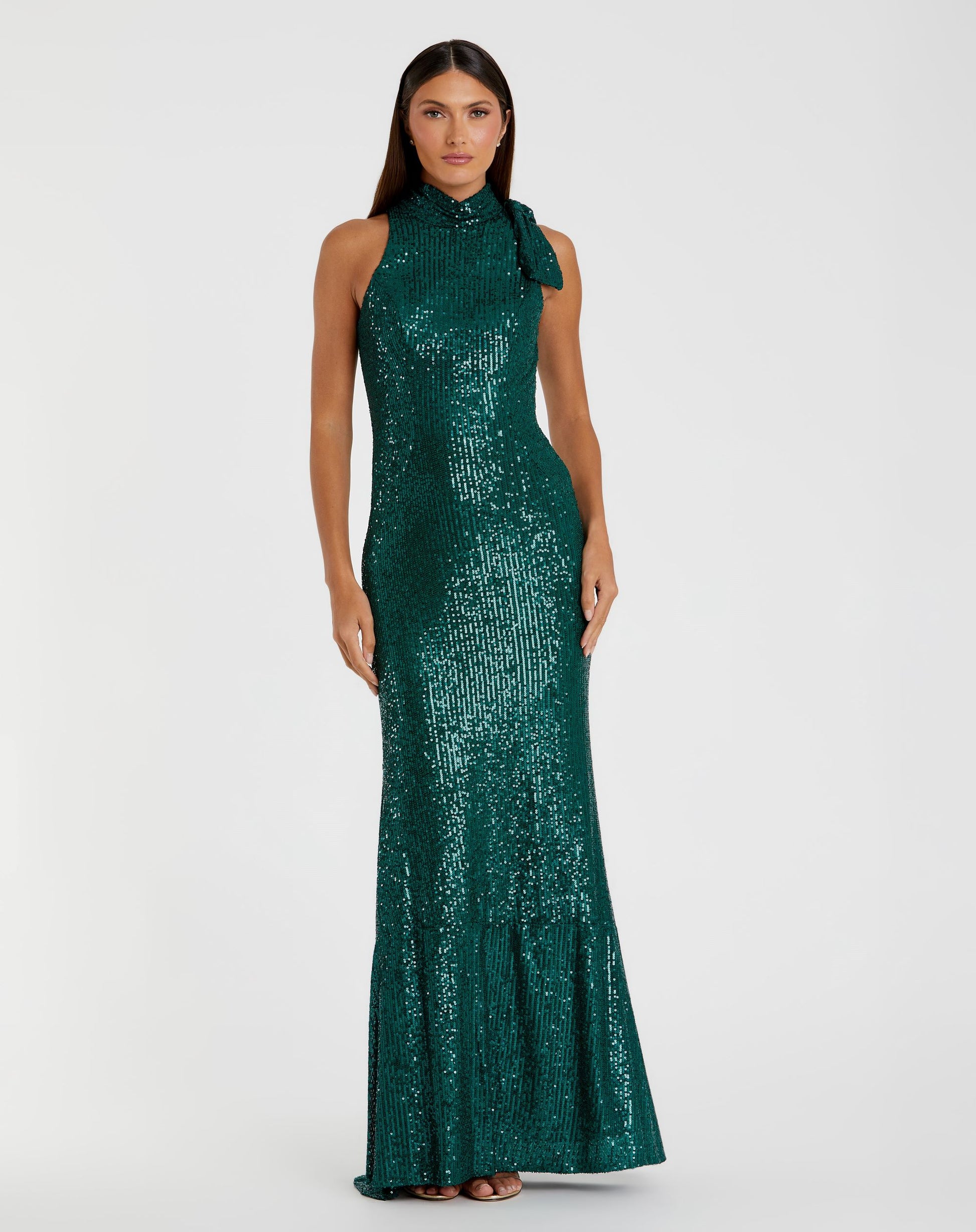 Sequined Soft Tie Halter Neck Column Gown