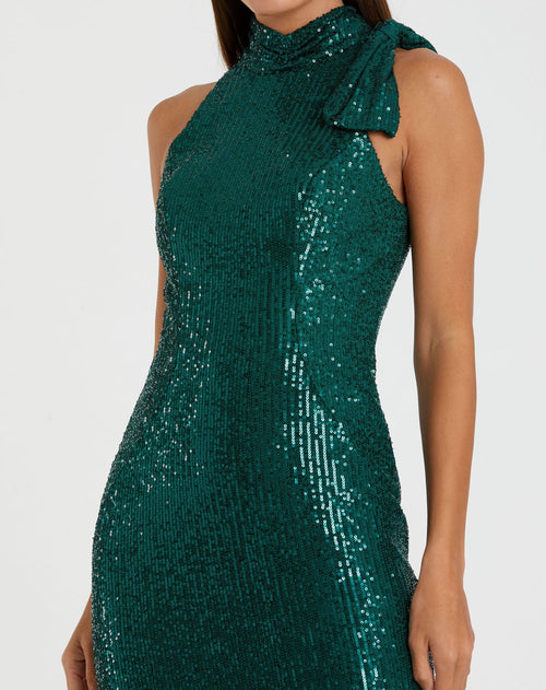 Sequined Soft Tie Halter Neck Column Gown