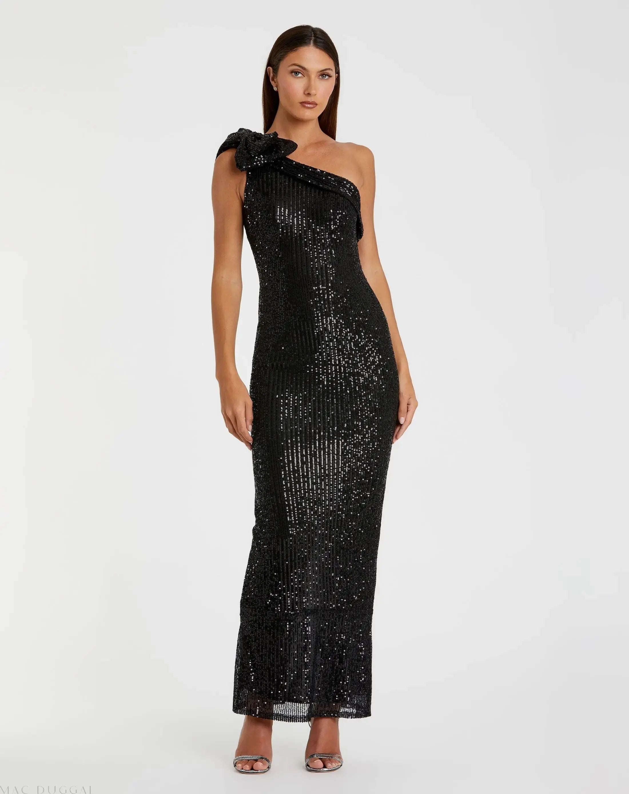 Black Sequined Bow One Shoulder Column Gown - Ieena for Mac Duggal